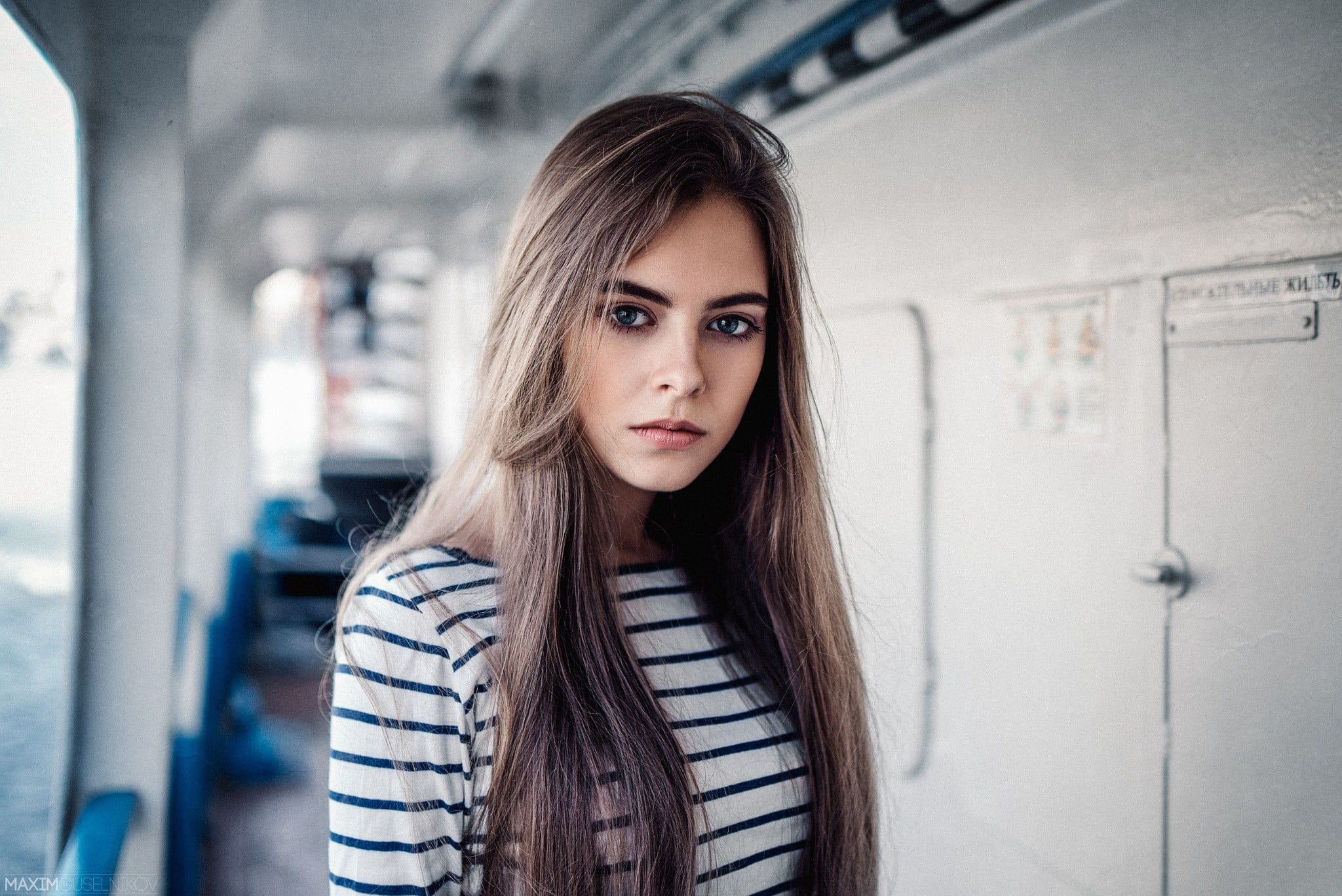 young adult, portrait, looking at camera, one person, adult, model, white, brown hair, beautiful people, beautiful woman, striped, blue eyes, hairstyle, HD Wallpaper