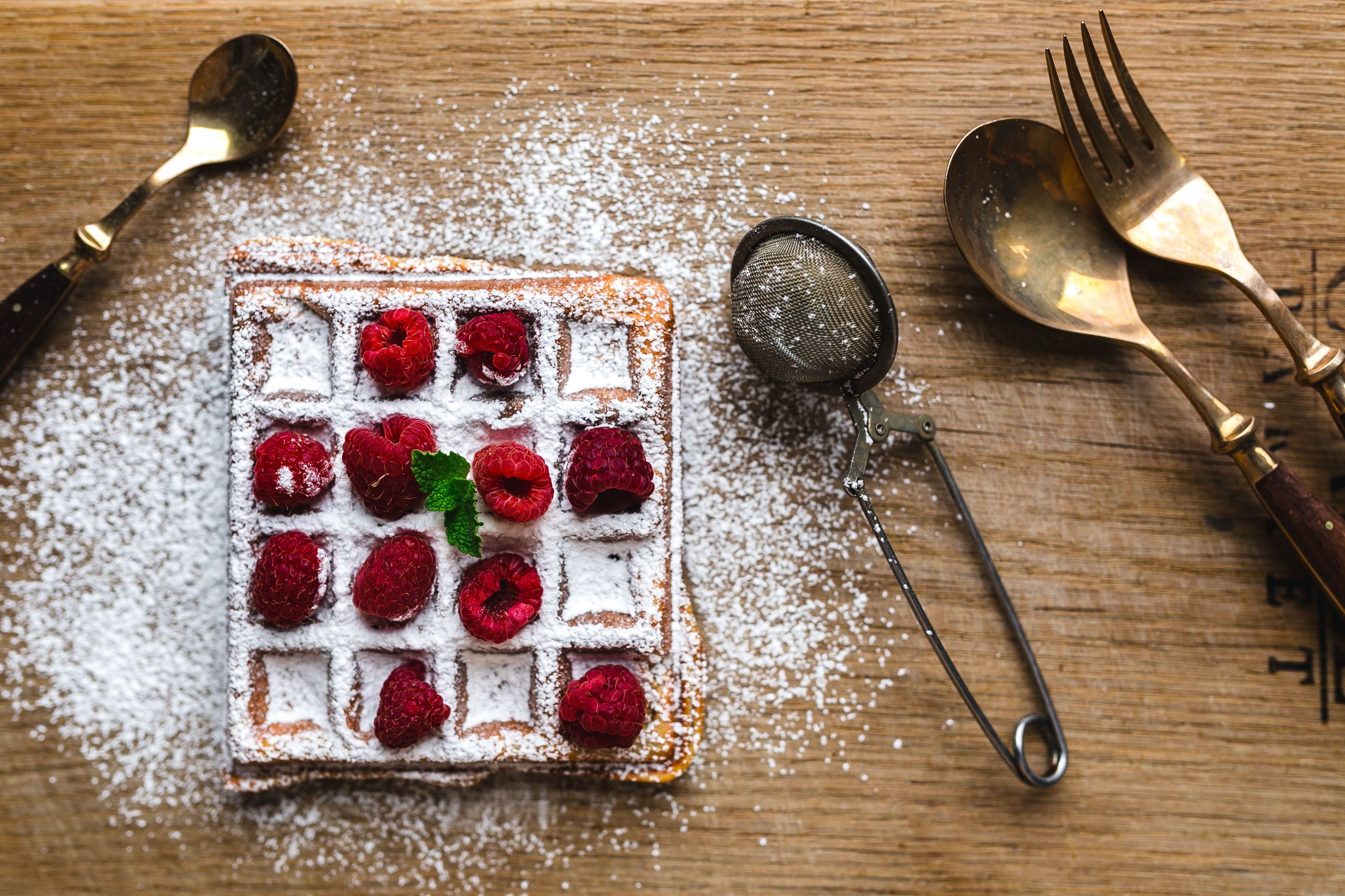indoors, silverware, cooking, sugar, raspberry, no people, ready-to-eat, high angle view, eating utensil, food, sweet food, wood - Material, preparation, HD Wallpaper