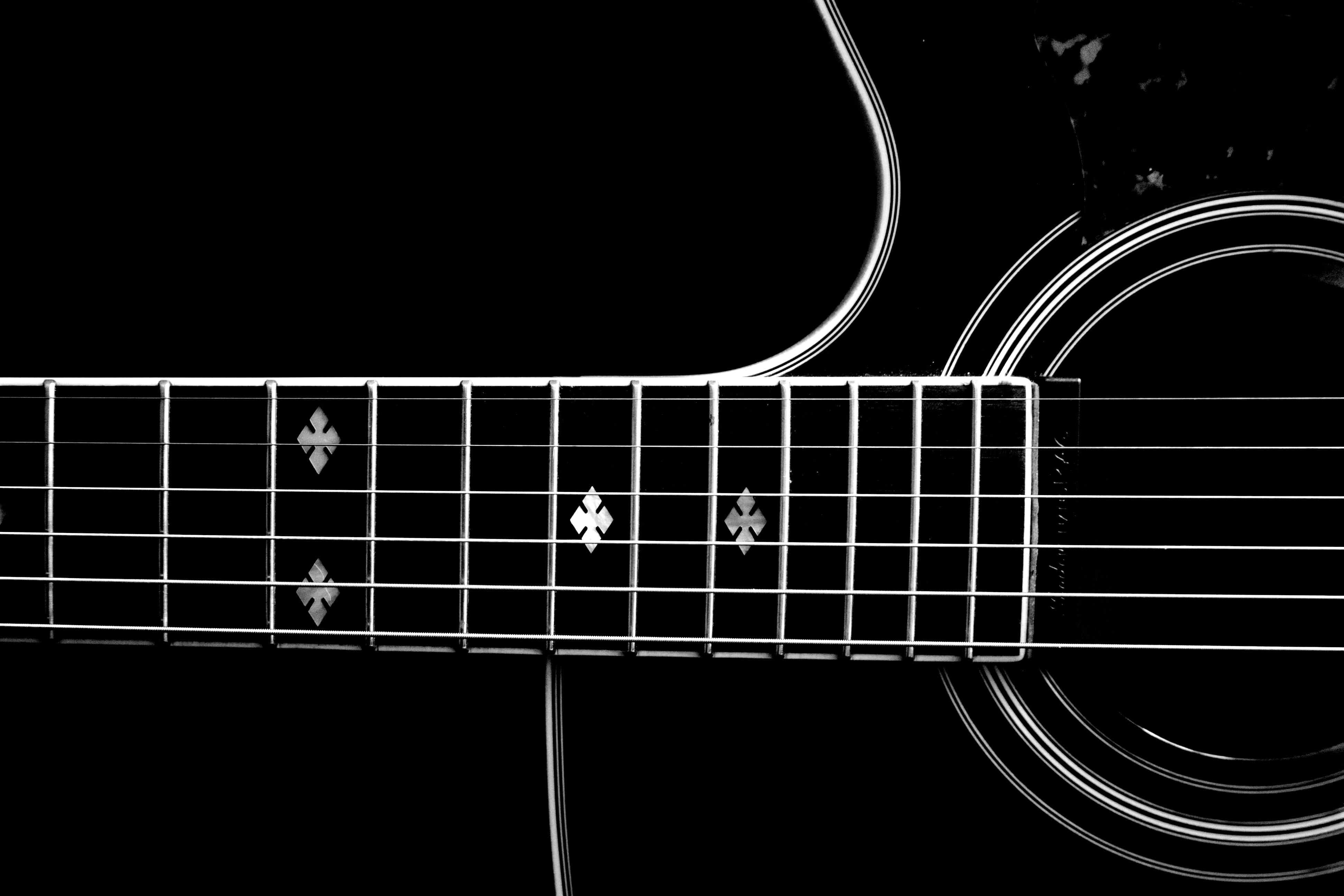 metal, arts culture and entertainment, musical instrument, musical equipment, music, black background, copy space, close-up, jazz music, acoustic guitar, HD Wallpaper
