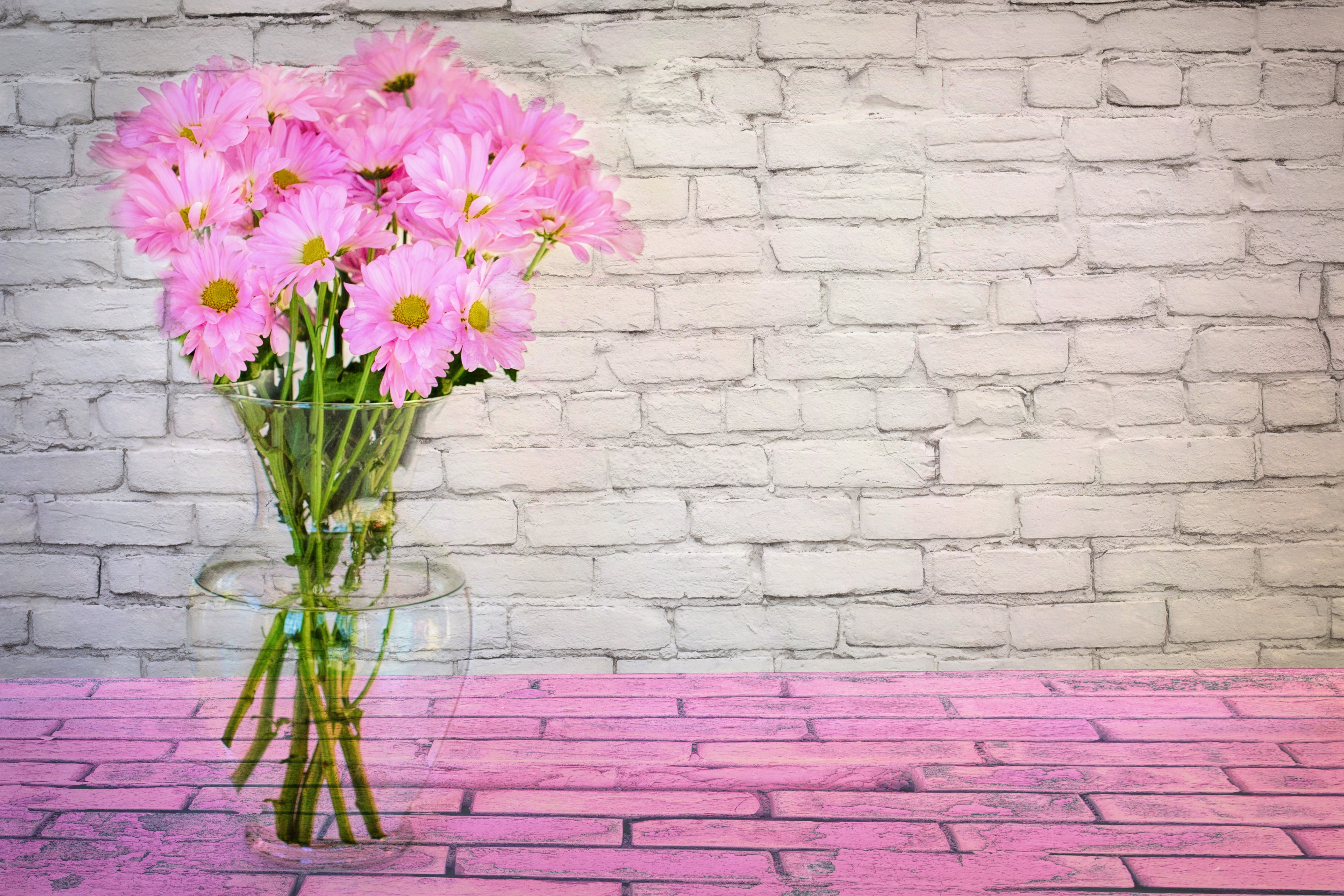 fragility, table, bricks, blossom, design, text space, growth, vase, wall - building feature, blooming, pink color, bunch of flowers, background, close-up, HD Wallpaper