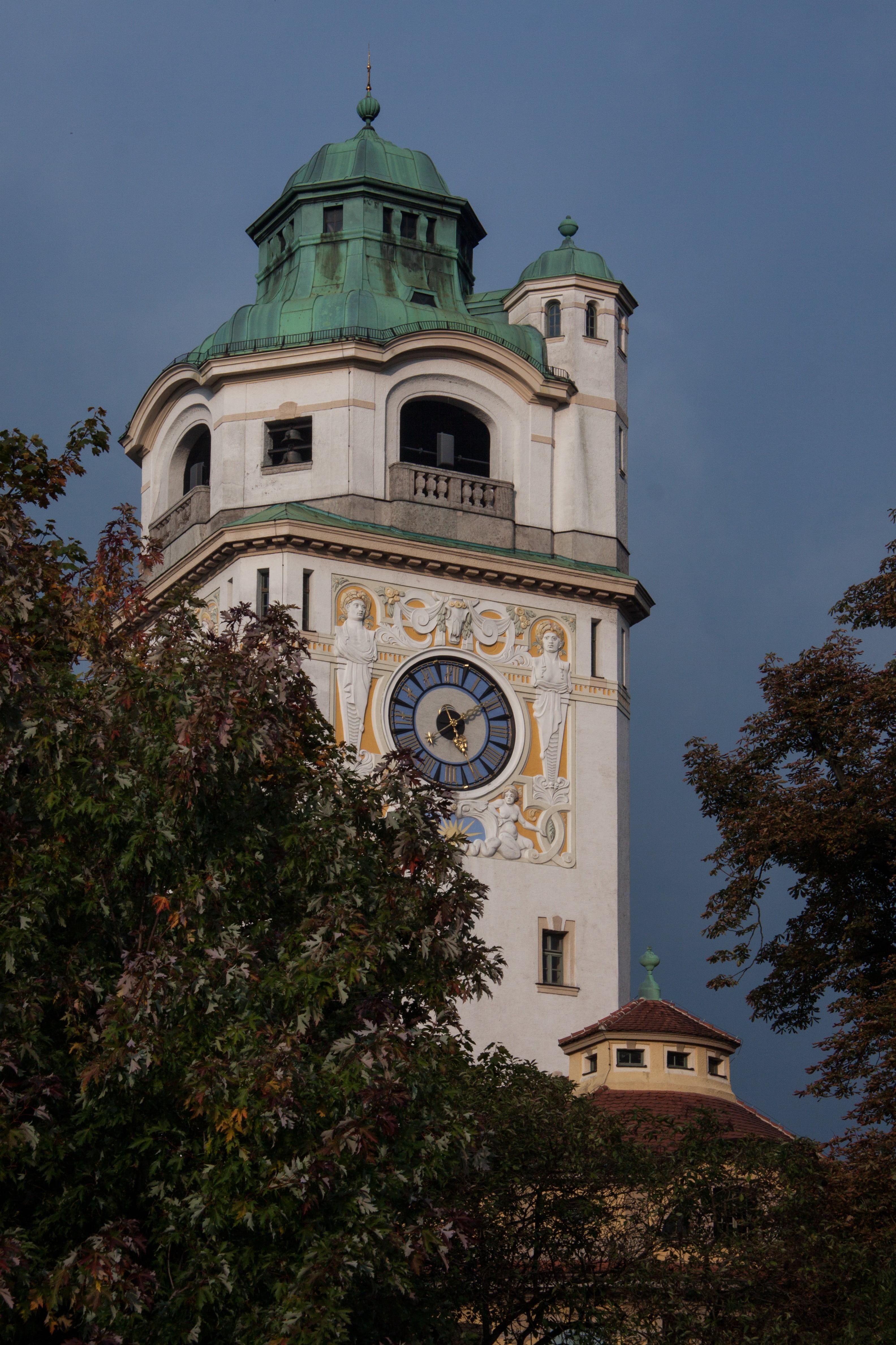 water pressure, christianity, art nouveau, constant, building exterior, spirituality, indoor swimming pool, mullerian volksbad, tree, low angle view, tower, Phone HD Wallpaper