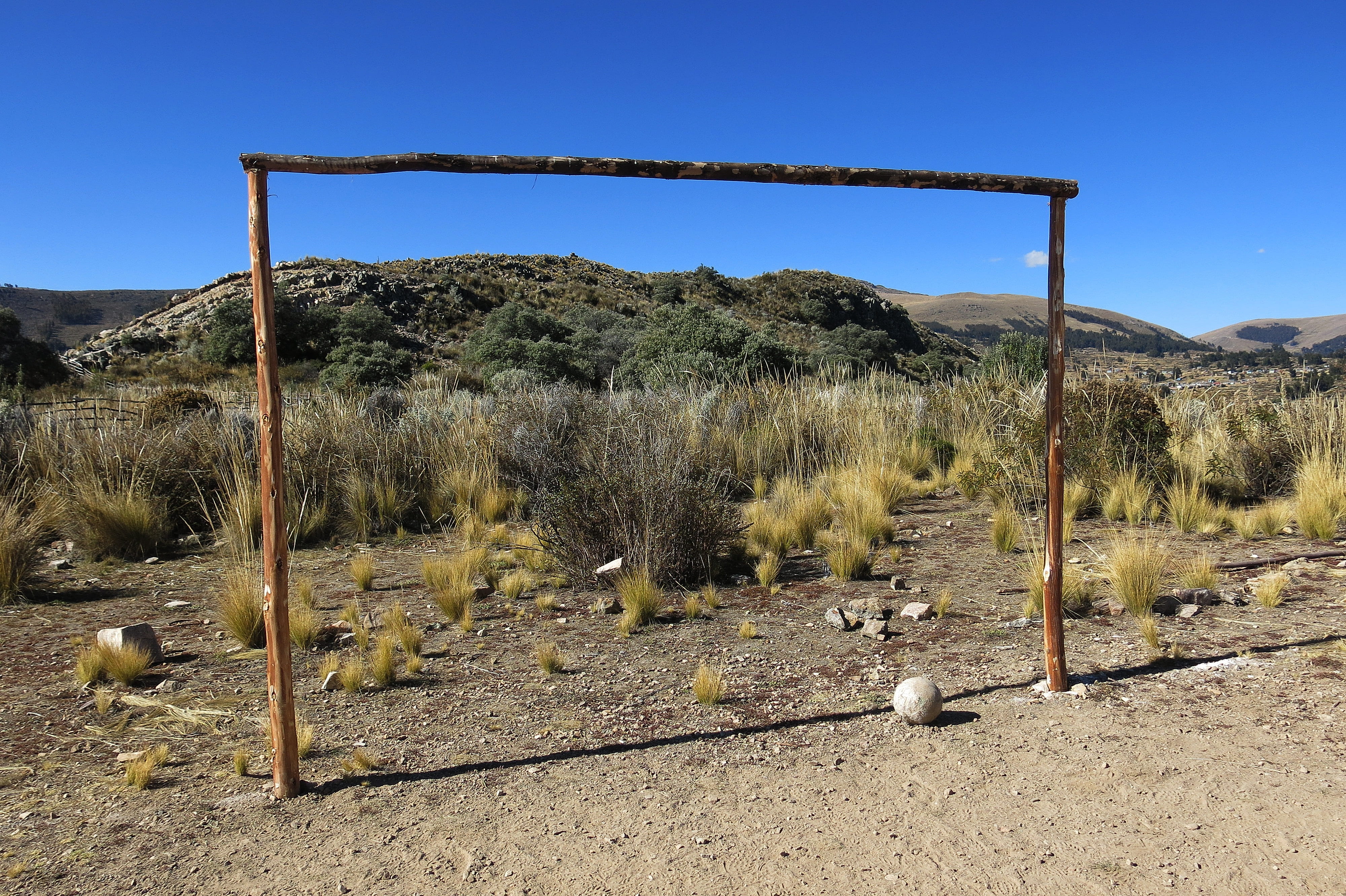 goal, scenics - nature, arid climate, 380 10 -23j k, day, blue, shadow, goal line, football pitch, nature, sunlight, outdoors, bolzplatz, tree, sky, land, HD Wallpaper