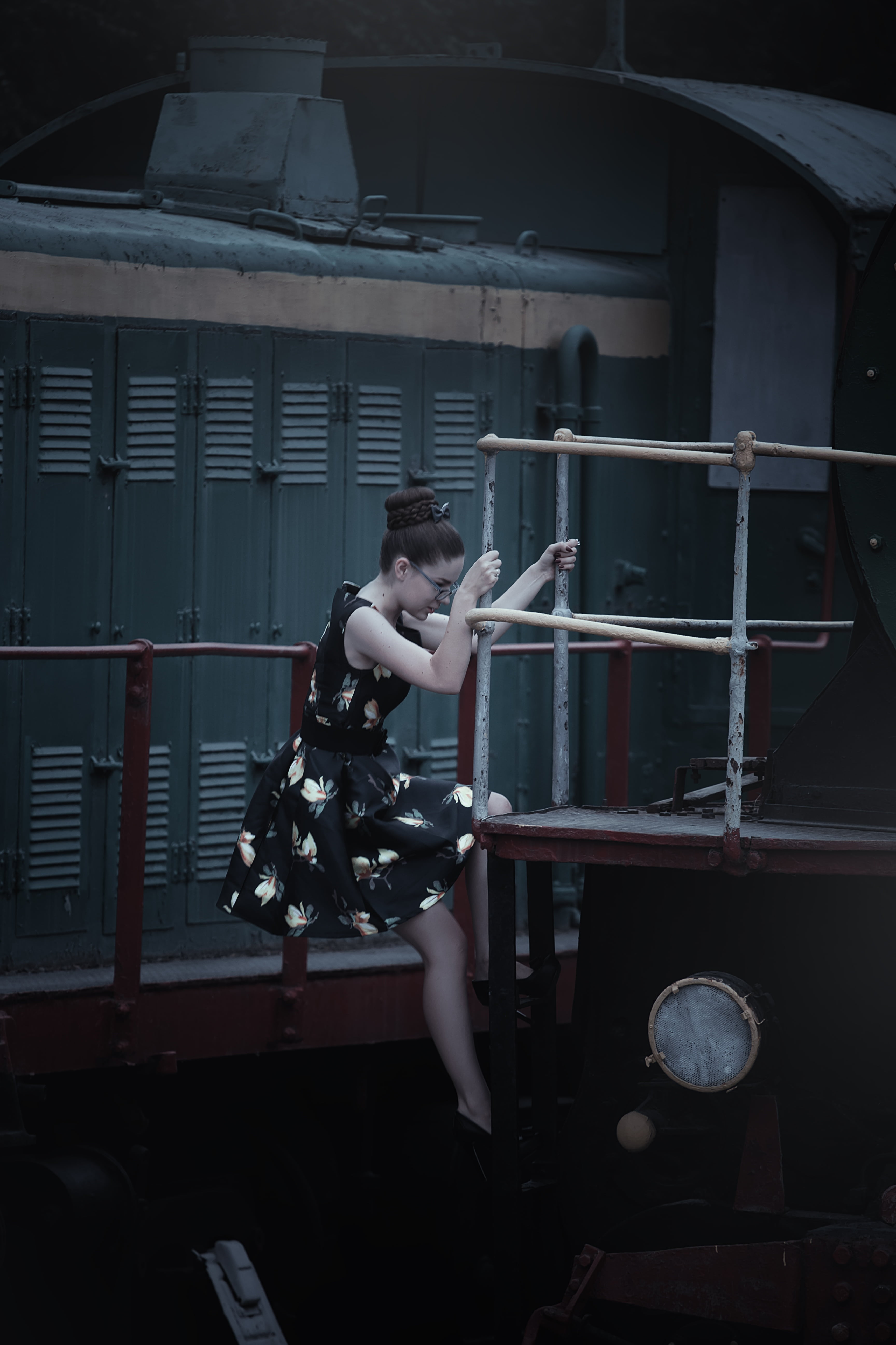 indoors, pin-up girl, train, photo, model, photographer, architecture, representation, steam locomotives, girl, side view, photoshoot, long hair, posture, Phone HD Wallpaper