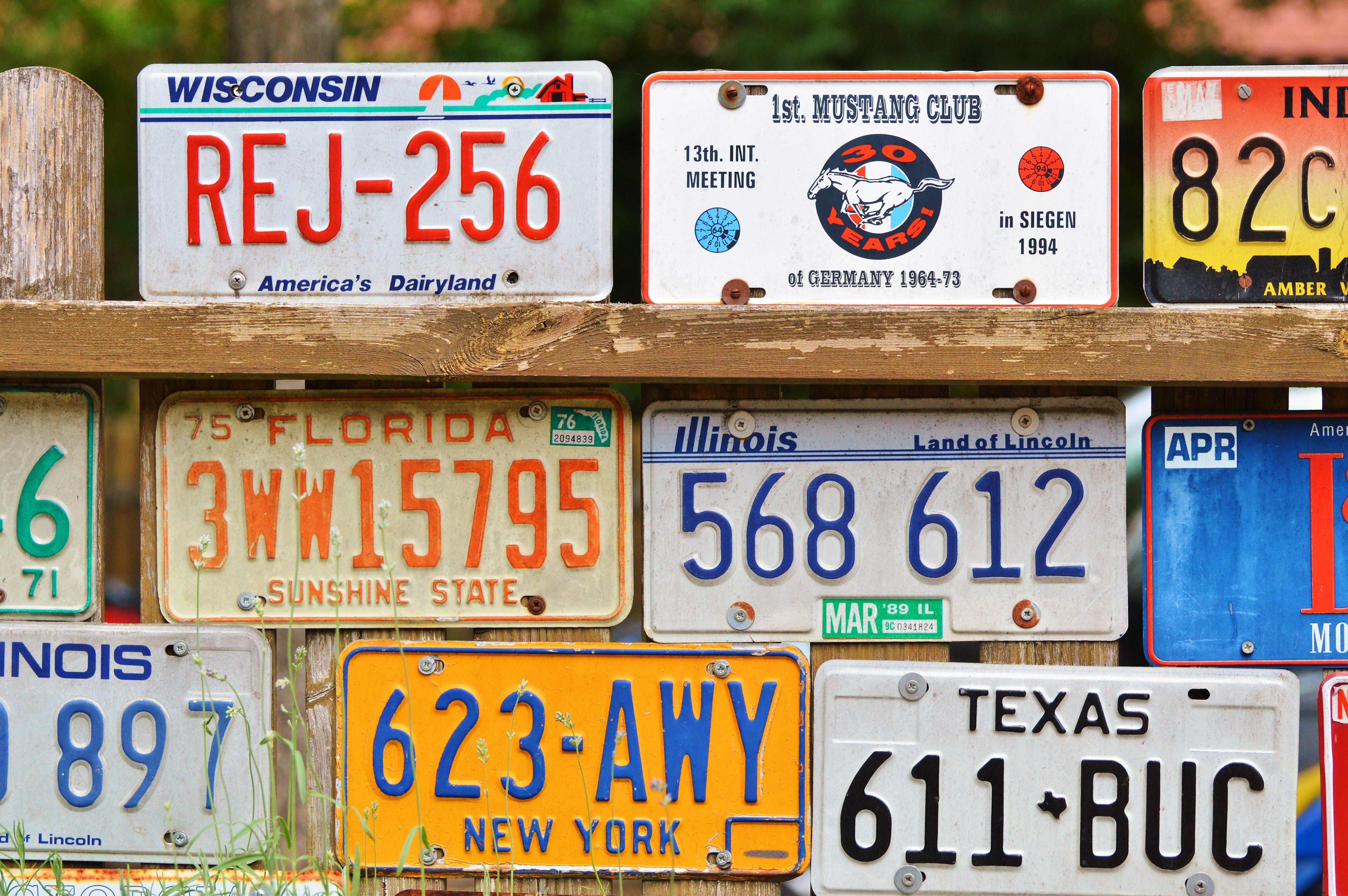 american number plates, weathered, price tag, deco, ornament, outdoors, abundance, car shield, business, decoration, no people, backgrounds, Car, 5K, license, HD Wallpaper