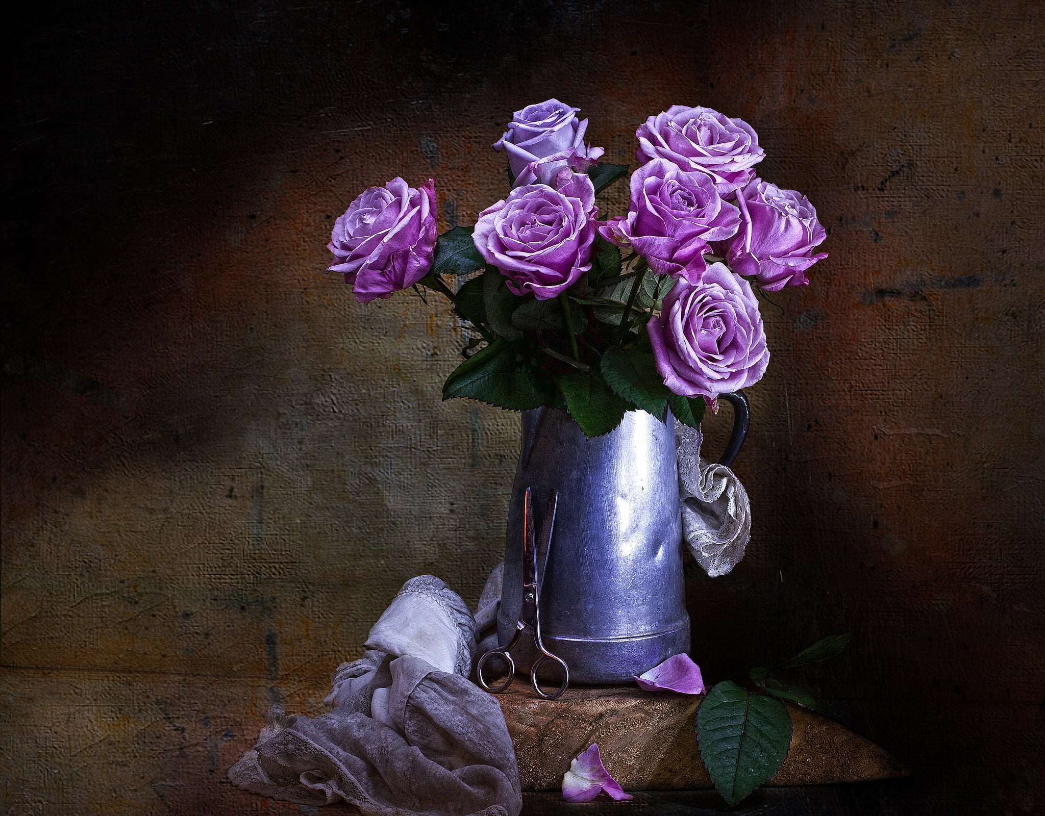 nature, rose, vintage, wood - material, flower arrangement, still life, no people, indoors, flower, gray, vase, painting, 1080P, flowering plant, flower head, HD Wallpaper
