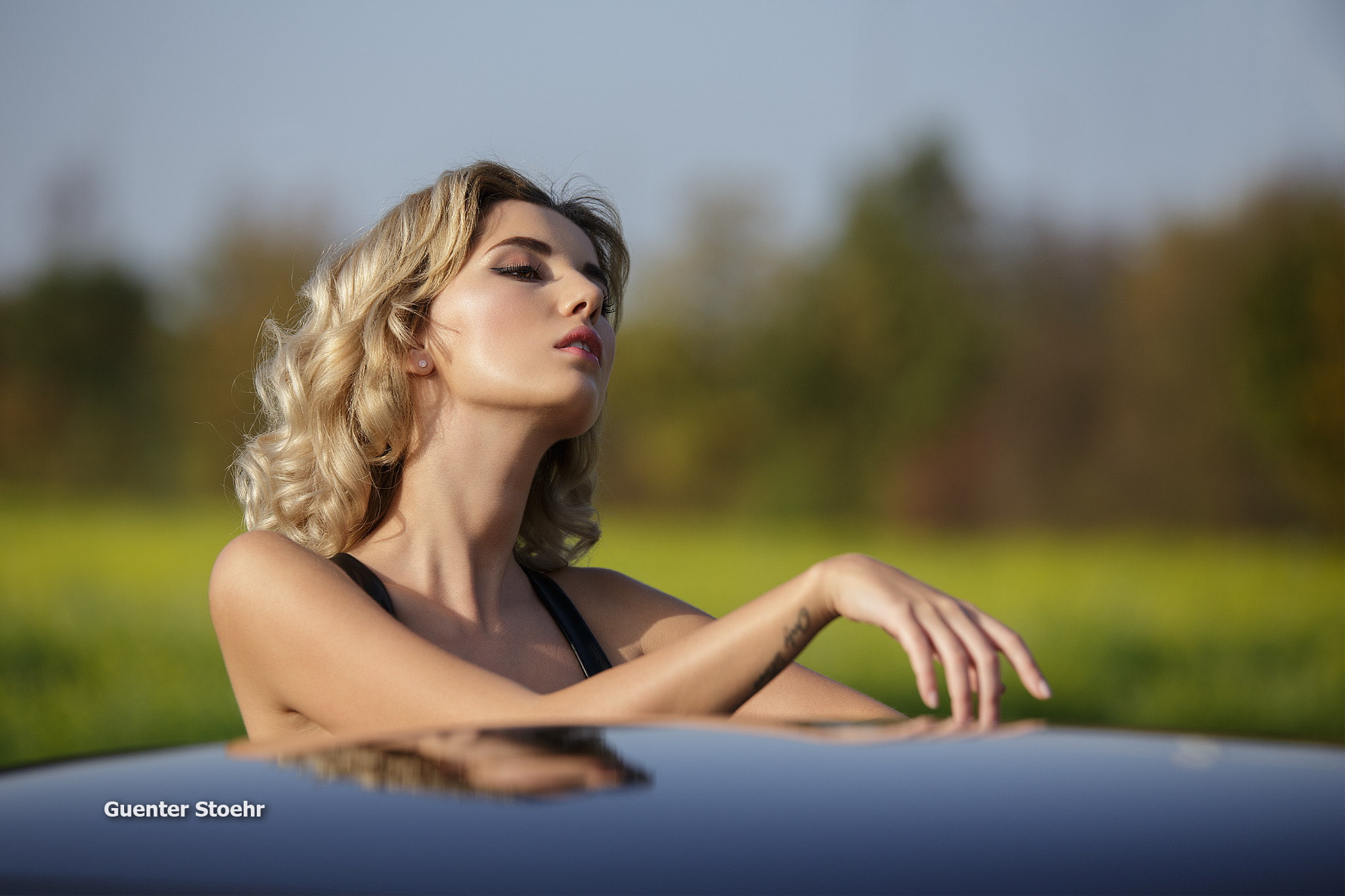 portrait, 1080P, tattoo, depth of field, women, Guenter Stoehr, women outdoors, Marina Nelson, blonde, HD Wallpaper