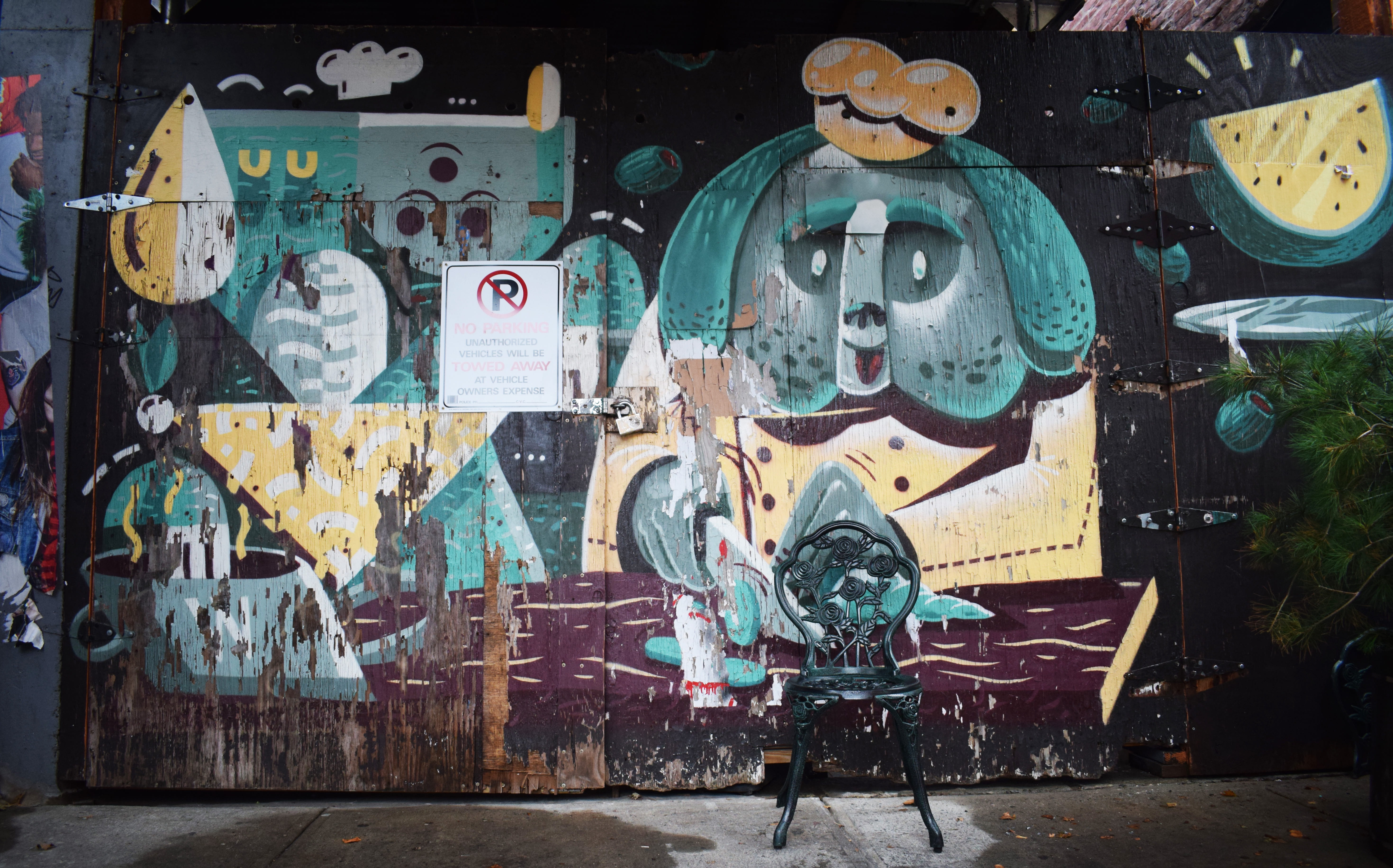 wall - building feature, painting of a dog, no people, human representation, chair, near, creativity, paint, sidewalk, single chair, multicolored, painted, HD Wallpaper