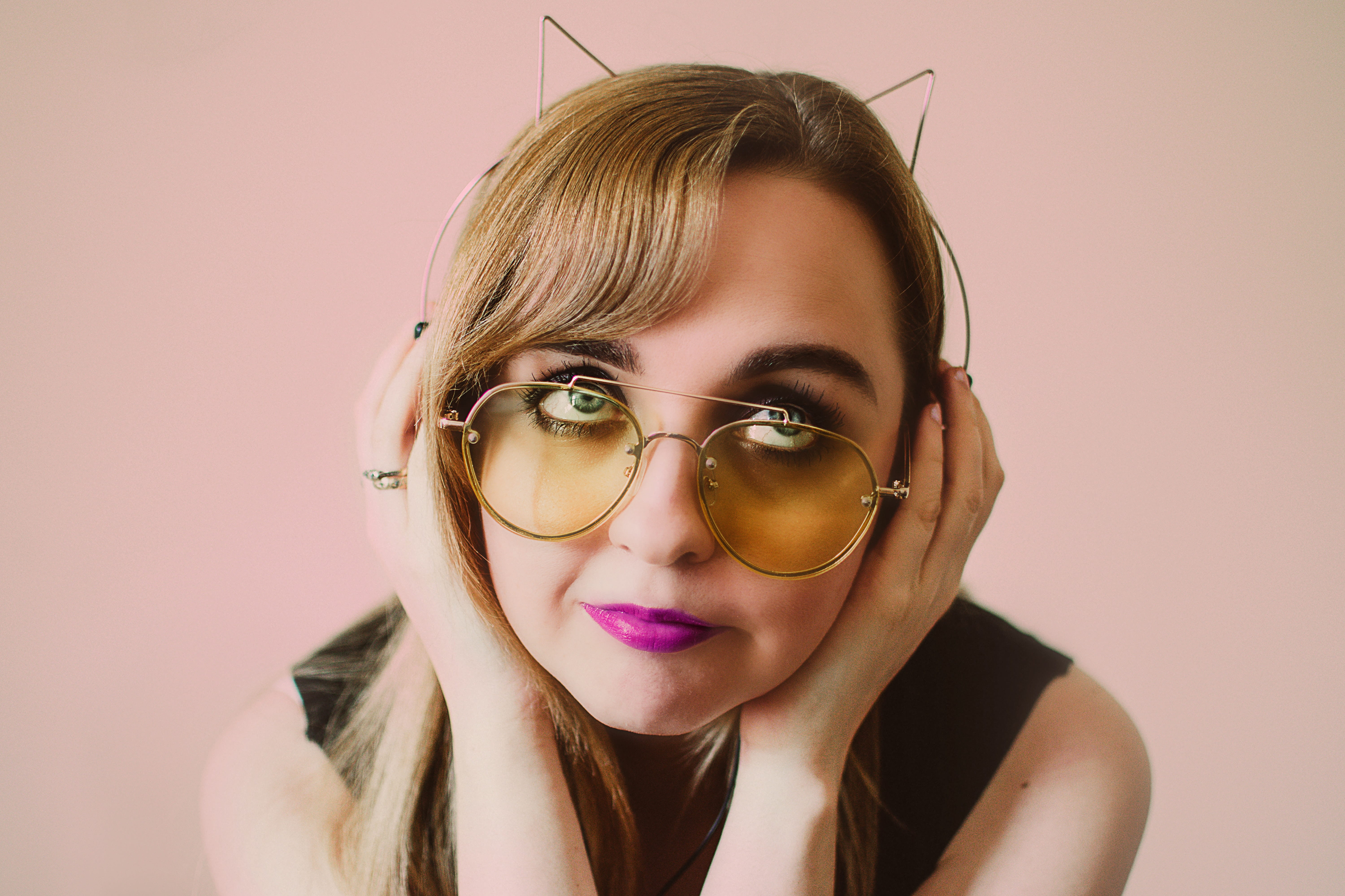 body part, close-up, female, earphones, beauty, lip stick, listen, headshot, young adult, young women, glasses, headphones, 5K, cats ears, eyeglasses, HD Wallpaper