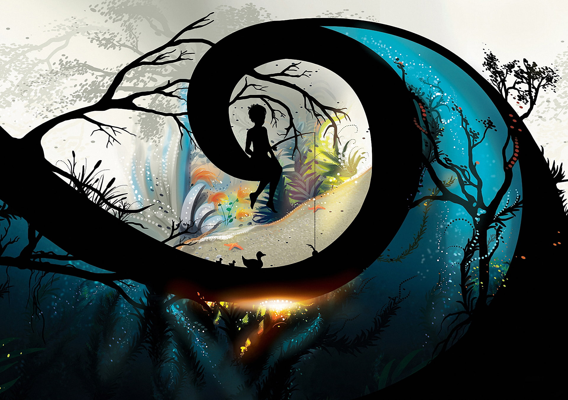 1080P, silhouette, spiral, quirkiness, art, branches, trees, HD Wallpaper