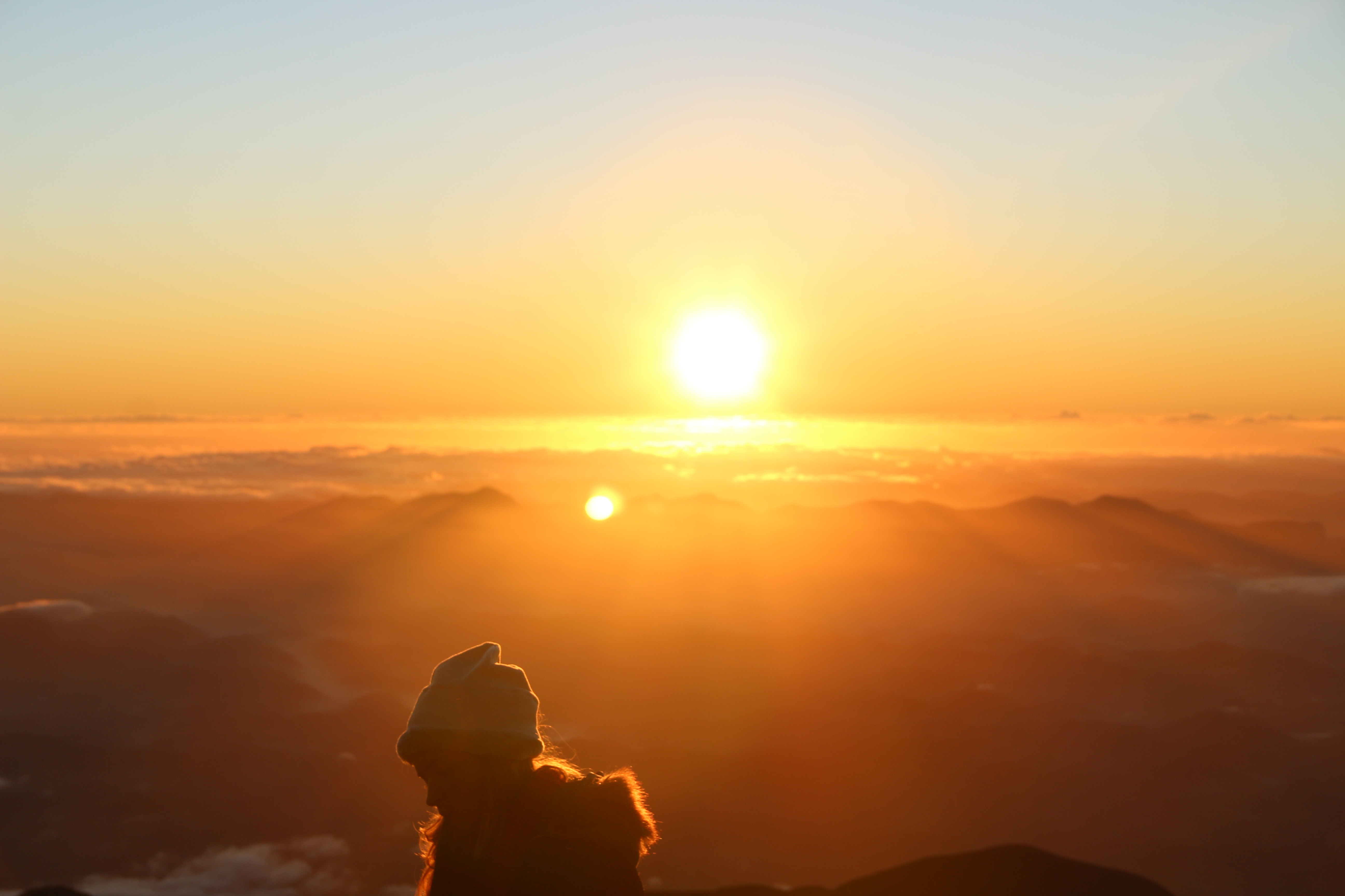 one person, mountain Peak, bright, idyllic, sunlight, lens flare, silhouette, adventure, rays of sunshine, leisure activity, sunset, orange color, standing, HD Wallpaper