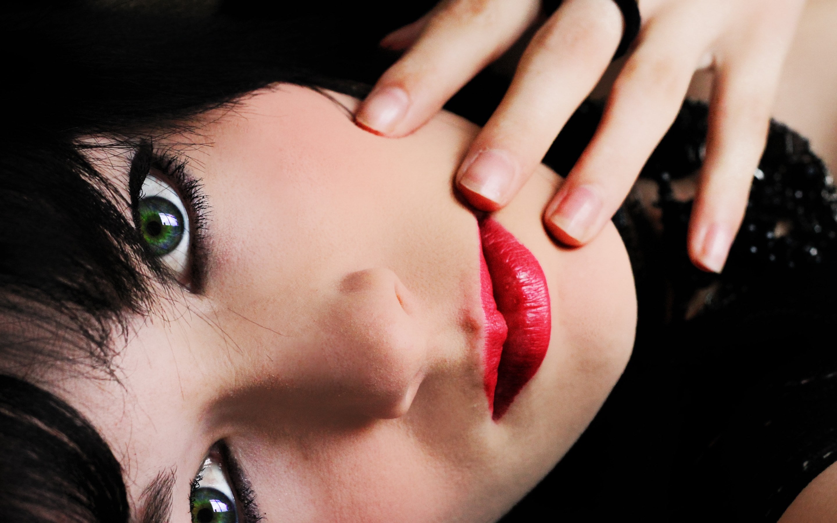 lipstick, human face, indoors, young adult, finger, beautiful woman, headshot, black background, human blood, portrait, human hand, close-up, nail polish, HD Wallpaper