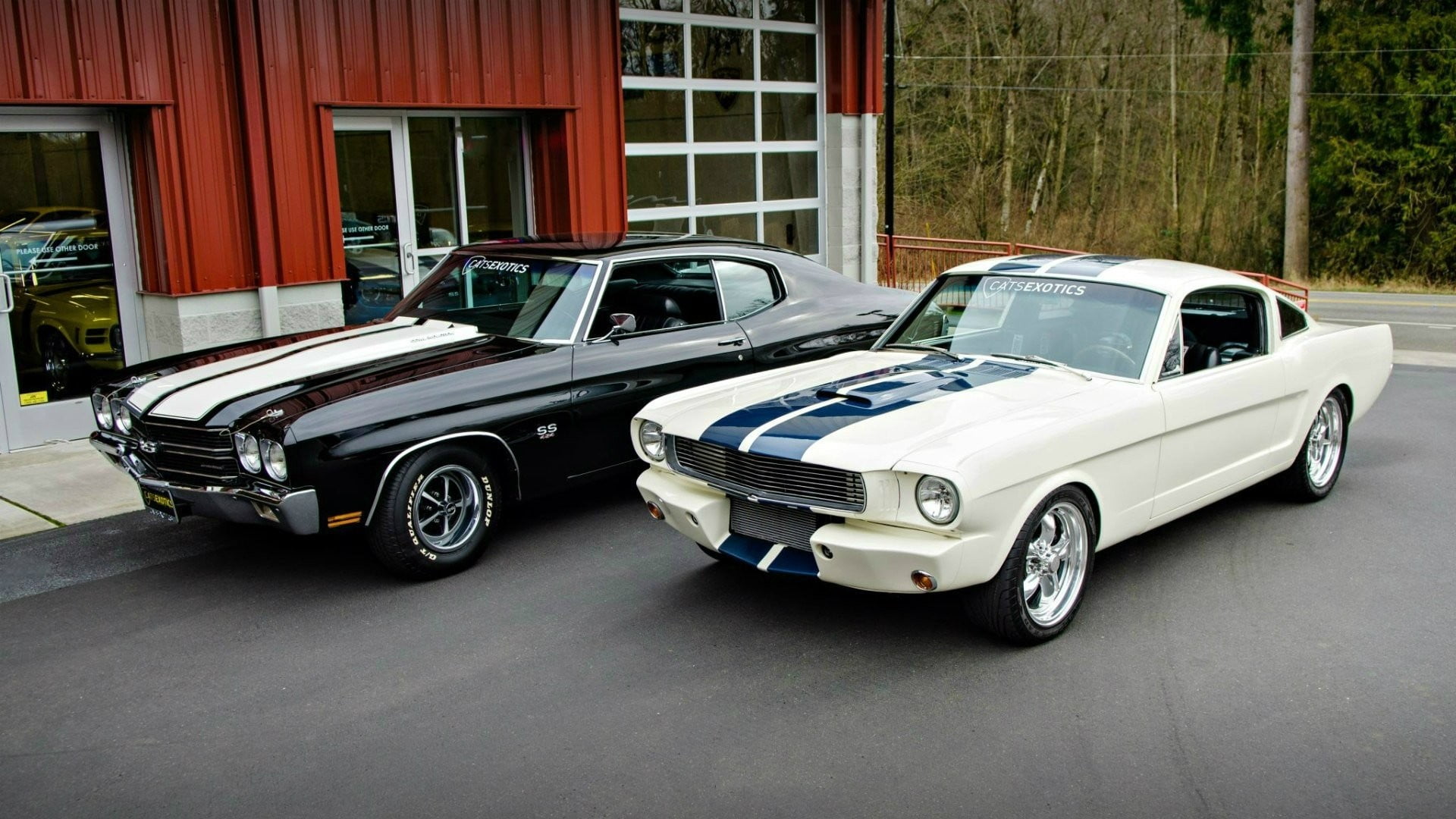 outdoors, black, red, Chevrolet Chevelle, two, retro styled, daytime, building exterior, car, vintage car, garage, wheel, vintage, convertible, Ford, white cars, HD Wallpaper
