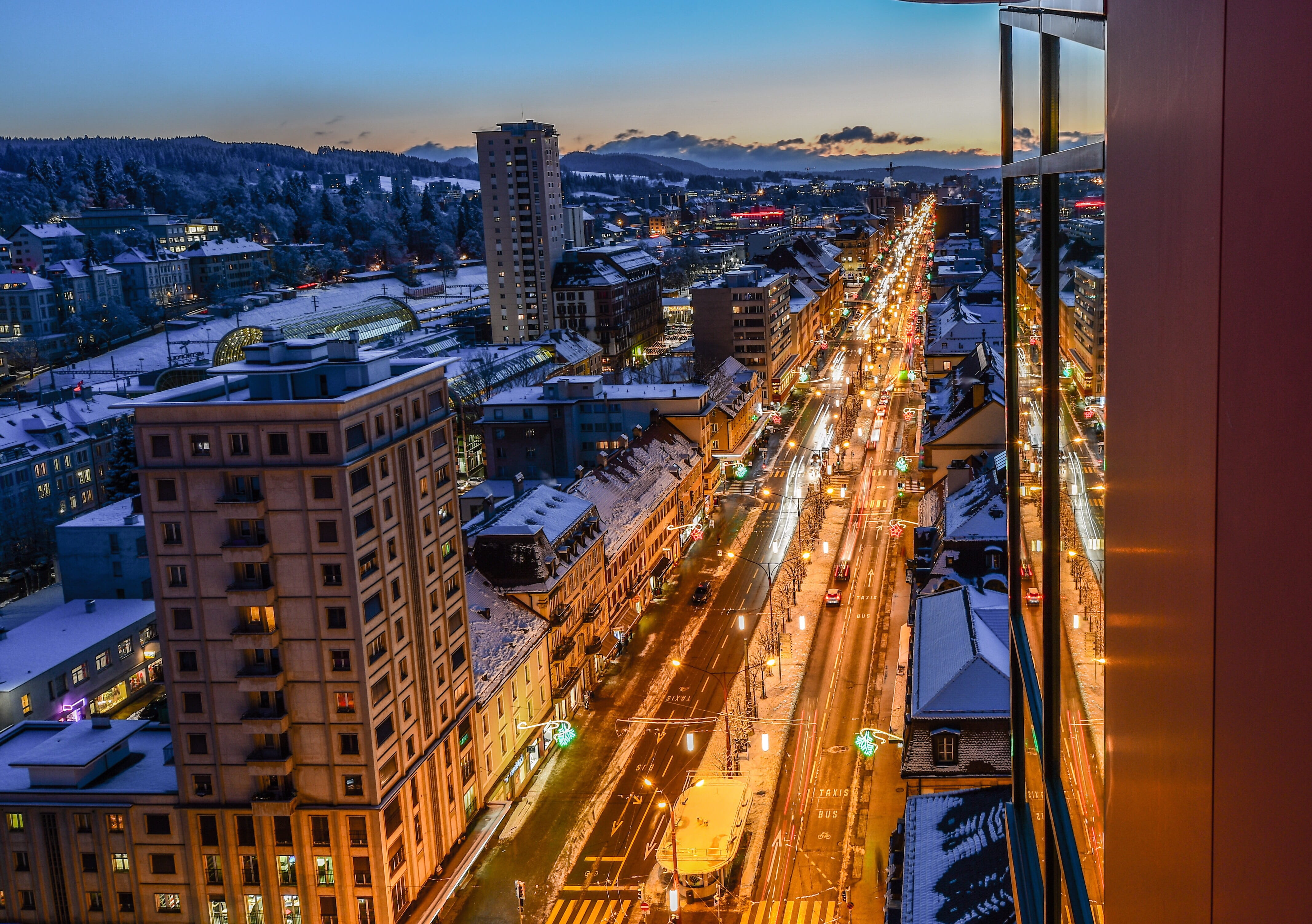 lighting, building, city life, city, la chaux-de-fonds, switzerland, outdoors, cityscape, high angle view, transportation, twilight, colors, illuminated, HD Wallpaper