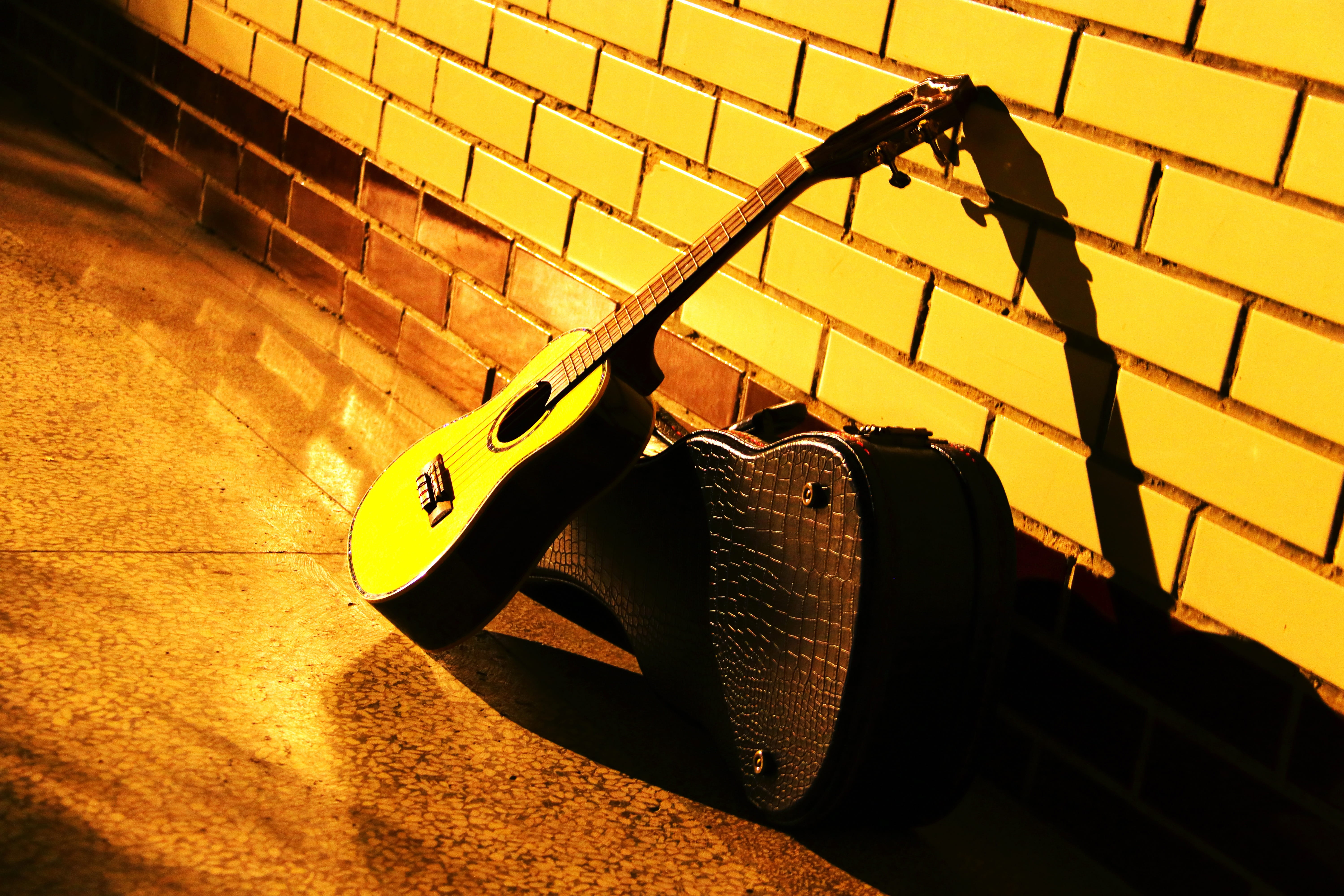 sunlight, still life, yellow, mode of transportation, guitar, musical instrument, day, indoors, wall - building feature, 5K, Ukulele, shadow, music, wall, HD Wallpaper