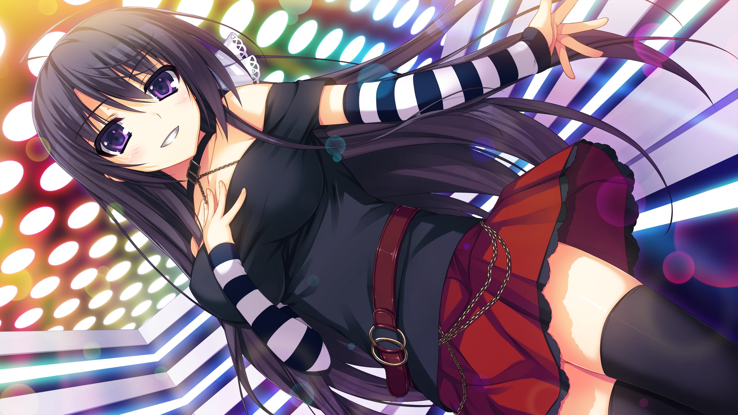 long, hair, thighhighs, black, mizuno, rin, eyes, shunsaku, purple, reminiscence, tomose, game, 2K, HD Wallpaper