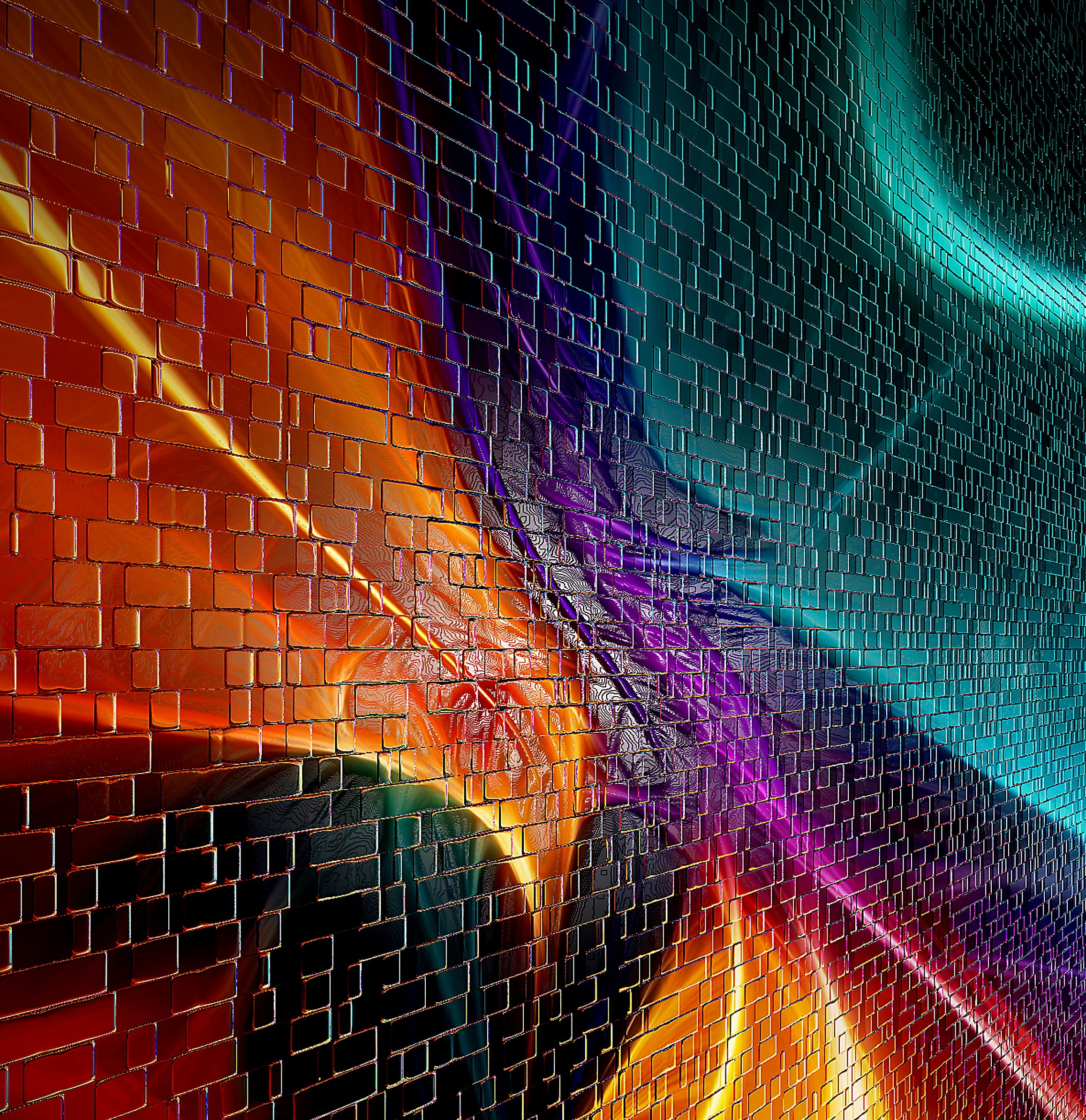 illuminated, wall - building feature, decoration, hint, abstract, brick, decor, flowing, the prospect of, night, light - natural phenomenon, creativity, Phone HD Wallpaper