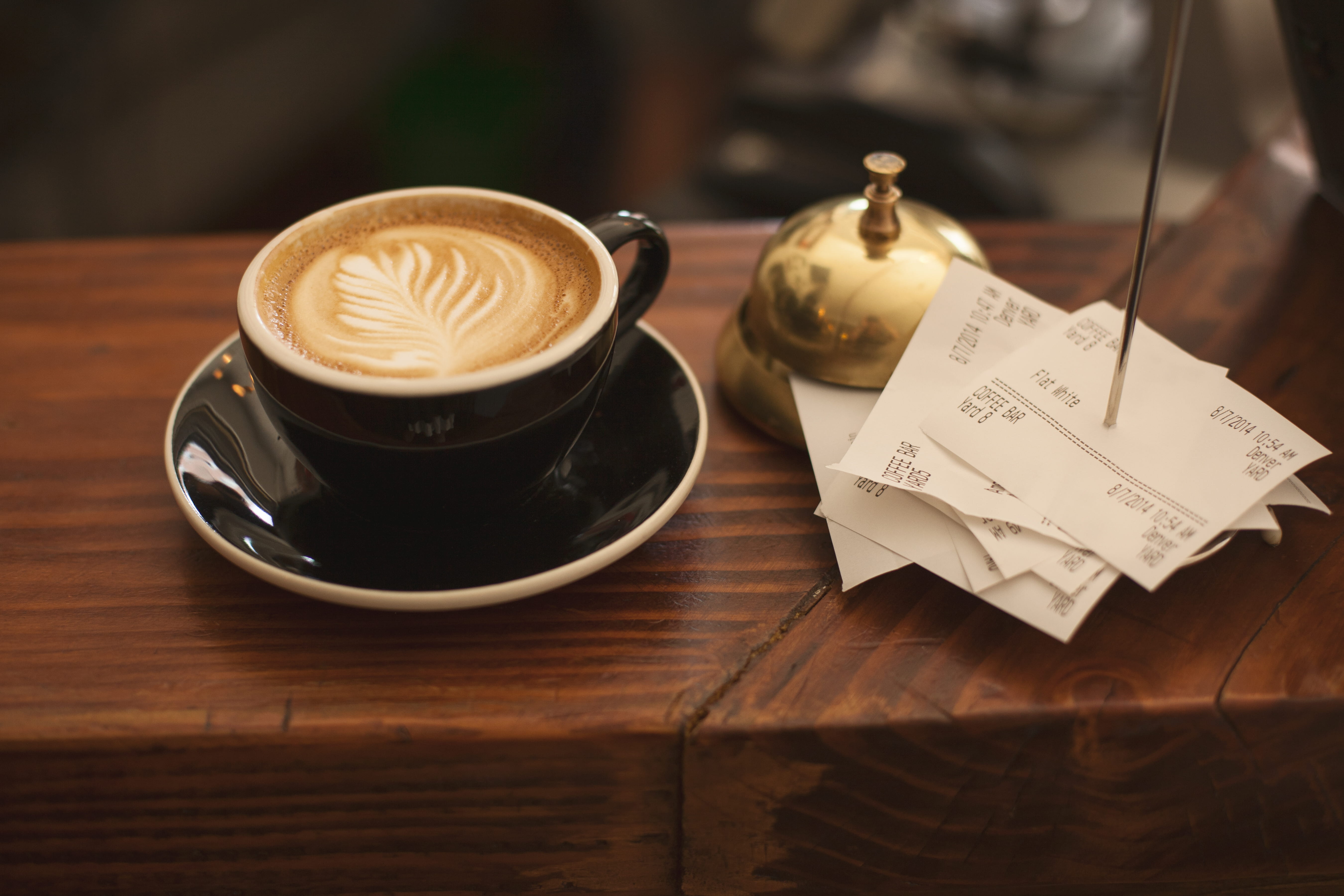 fern, no people, non-alcoholic beverage, ceramic, surface, wood grain, cappuccino, mug, service, counter, espresso, crockery, desk, still life, gold, latte, HD Wallpaper