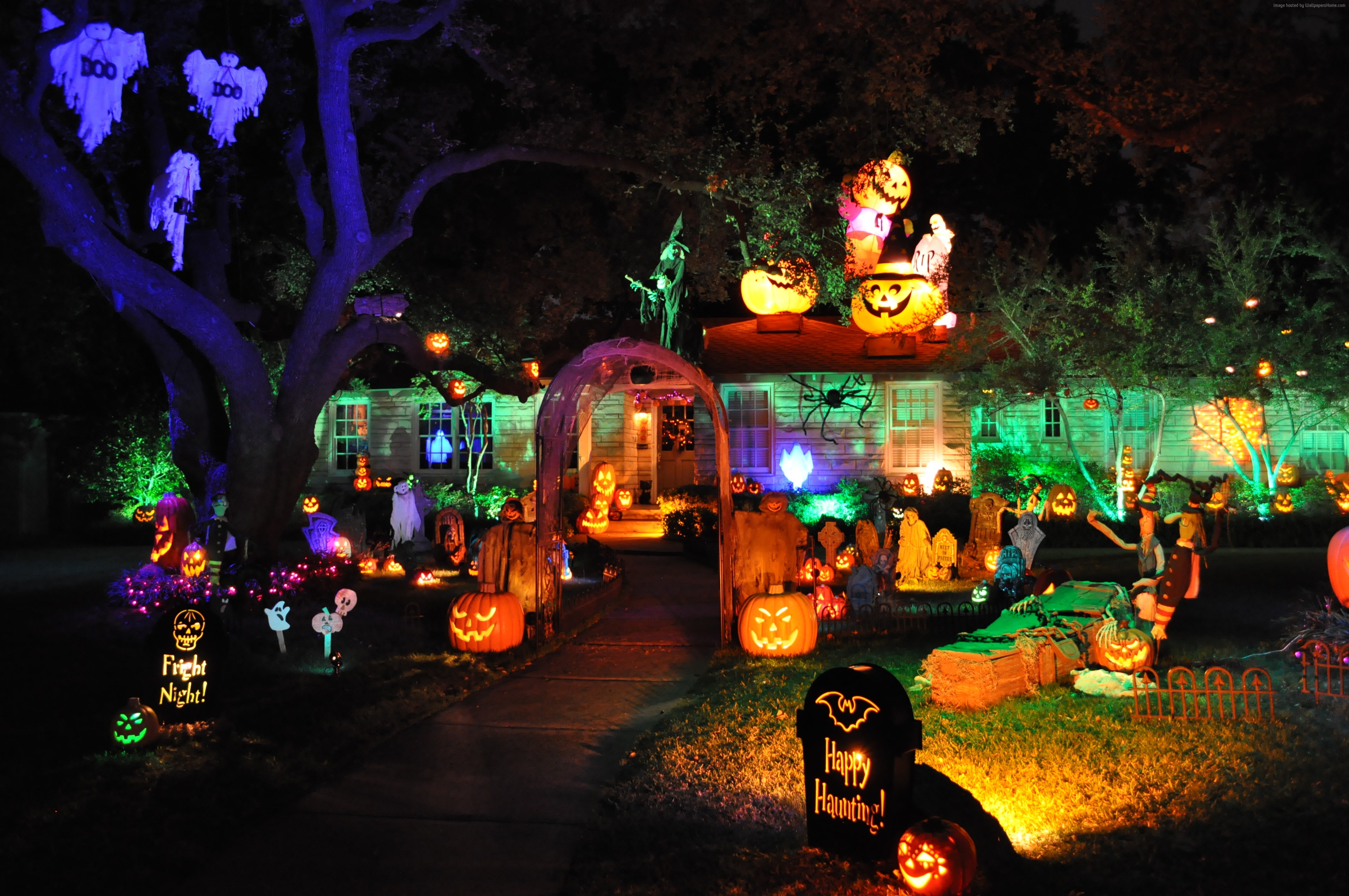 decoration, All Saints Eve, 4K, lights, porch, yellow, fear, All Hallows Eve, pumpkin, cap, house, Halloween, HD Wallpaper