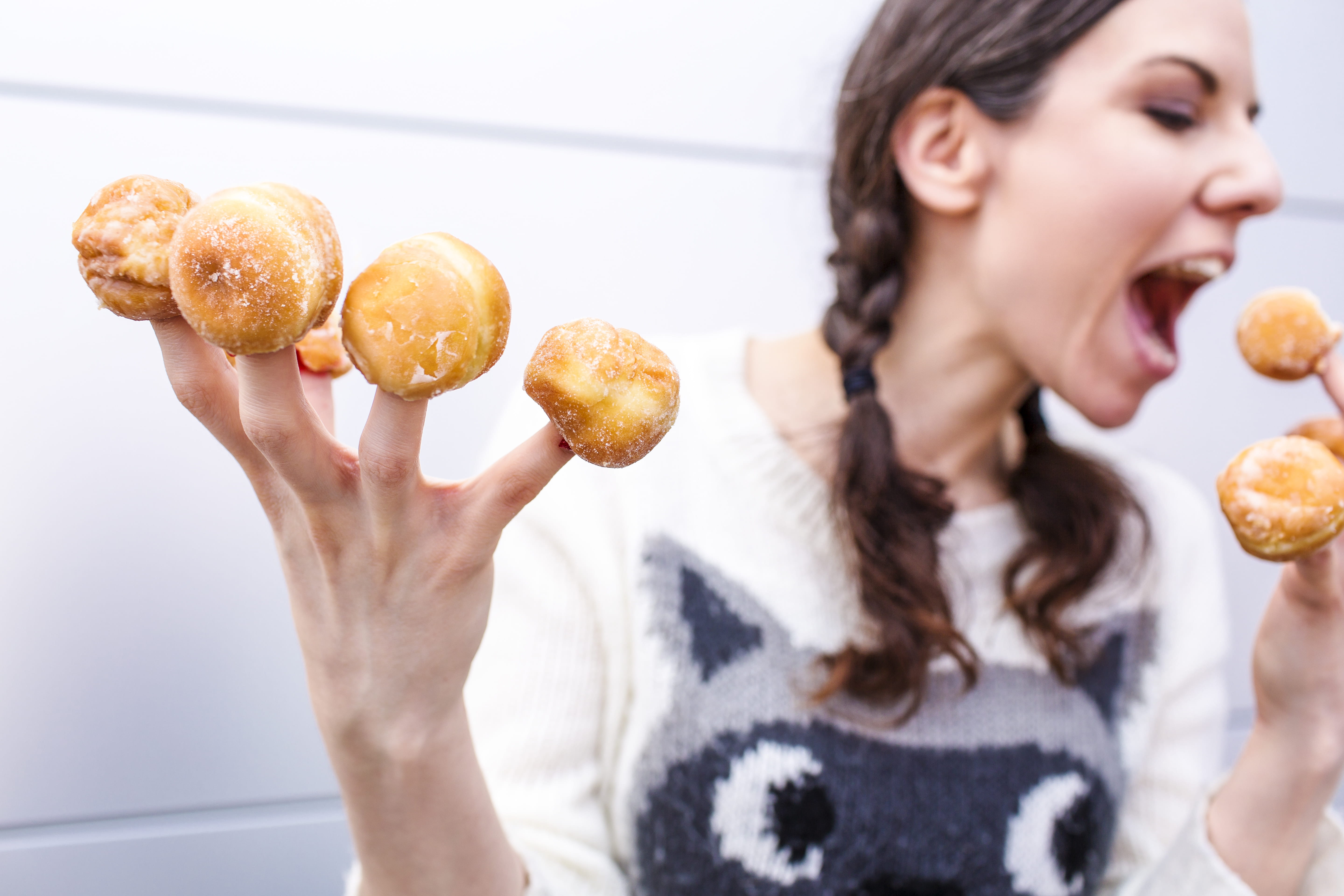 donuts, food and drink, holding, brown hair, women, funny, white, snack, young Women, lazy, lifestyles, human body part, silly, one Woman Only, baked, donut, HD Wallpaper