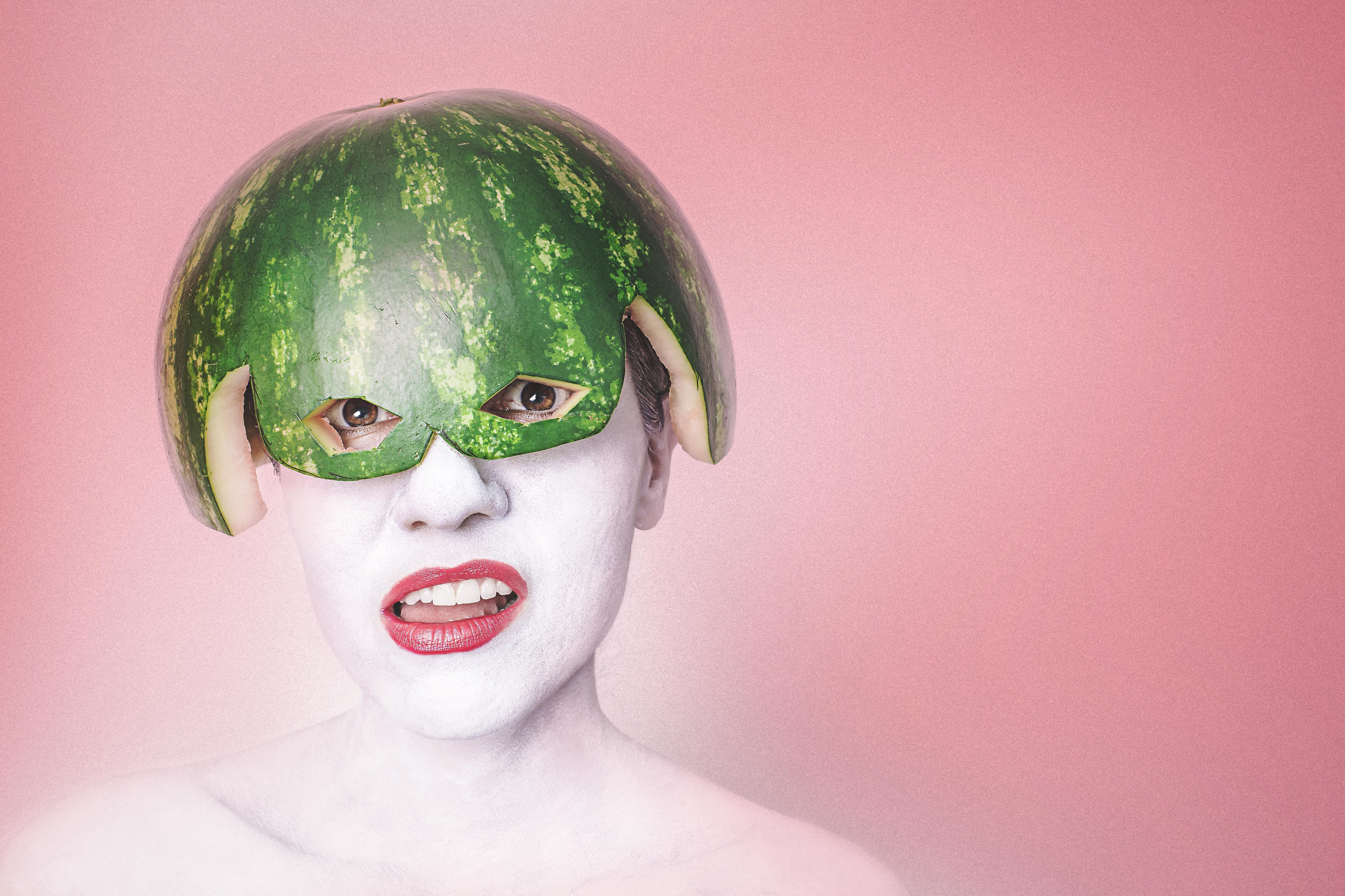 food, beautiful woman, vegetable, make-up, funny, young adult, bizarre, weird, one Person, wellbeing, headshot, caucasian Ethnicity, watermelon, goofy, HD Wallpaper