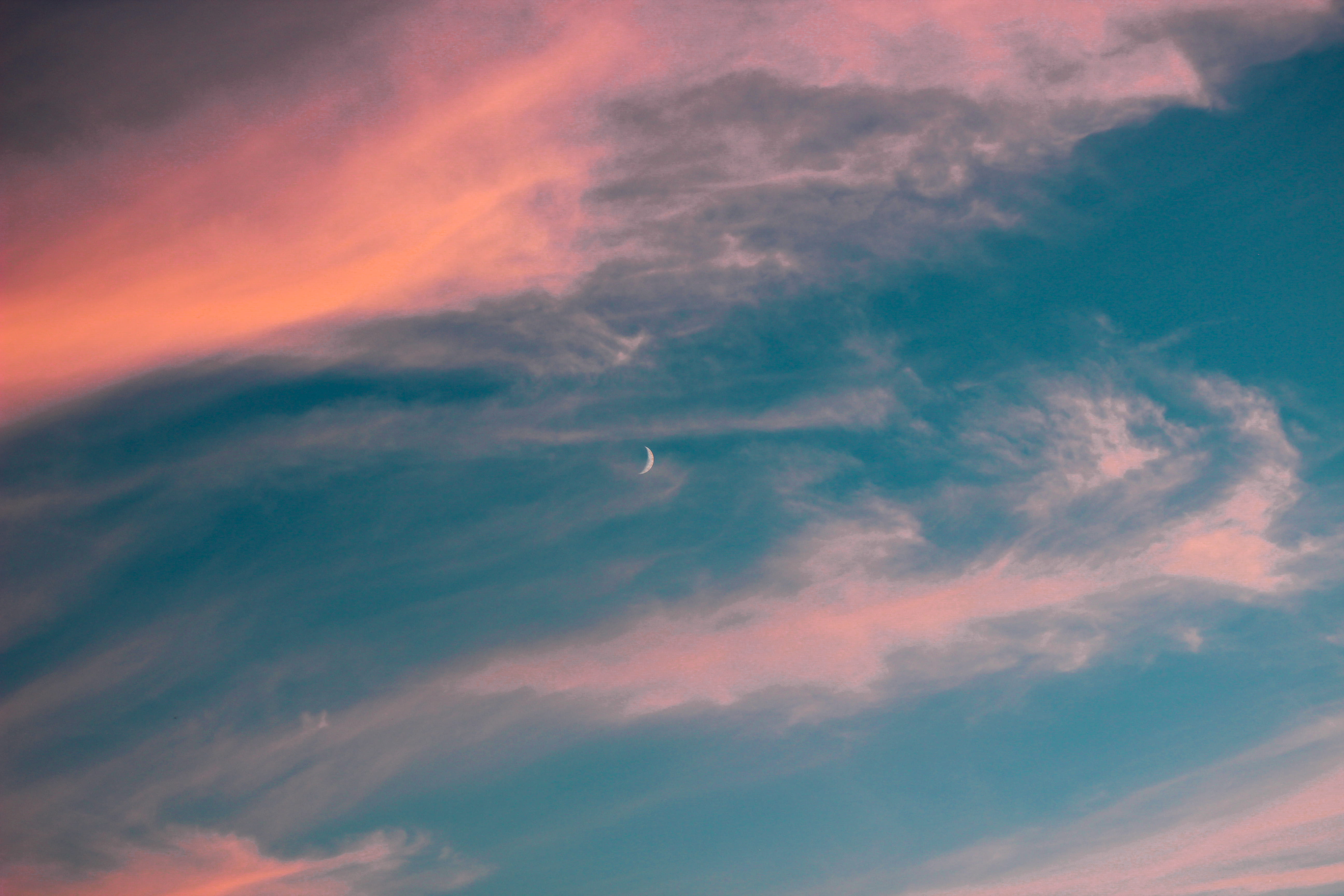 infinity, cloudscape, 5K, blue, orange color, no people, space, tranquil scene, meteorology, dramatic sky, outdoors, low angle view, minimalist, idyllic, HD Wallpaper
