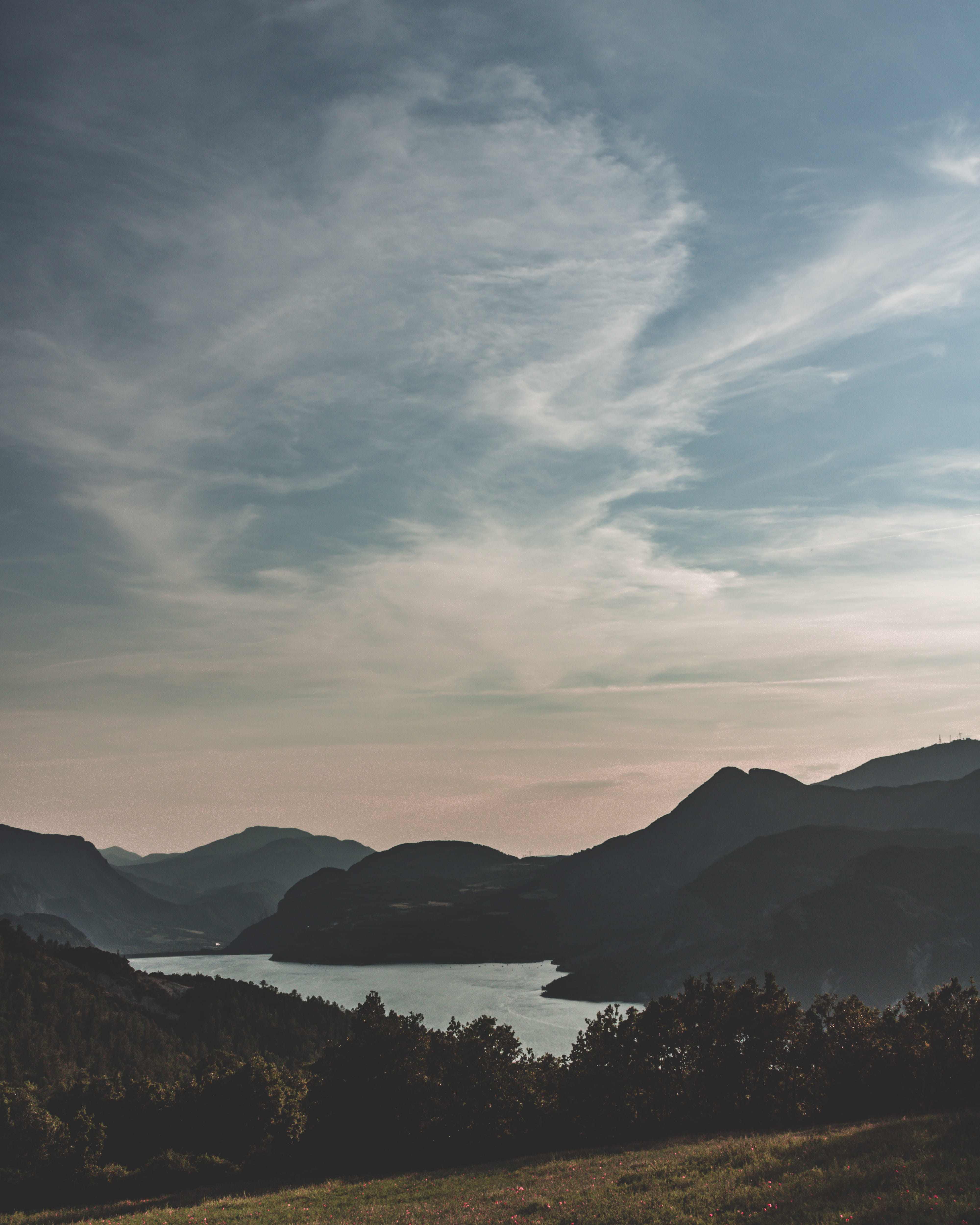 lake, tranquility, beauty in nature, non-urban scene, france, idyllic, blue, tranquil scene, scenics - nature, hautes-alpes, sunset, mountain range, mountains, Phone HD Wallpaper