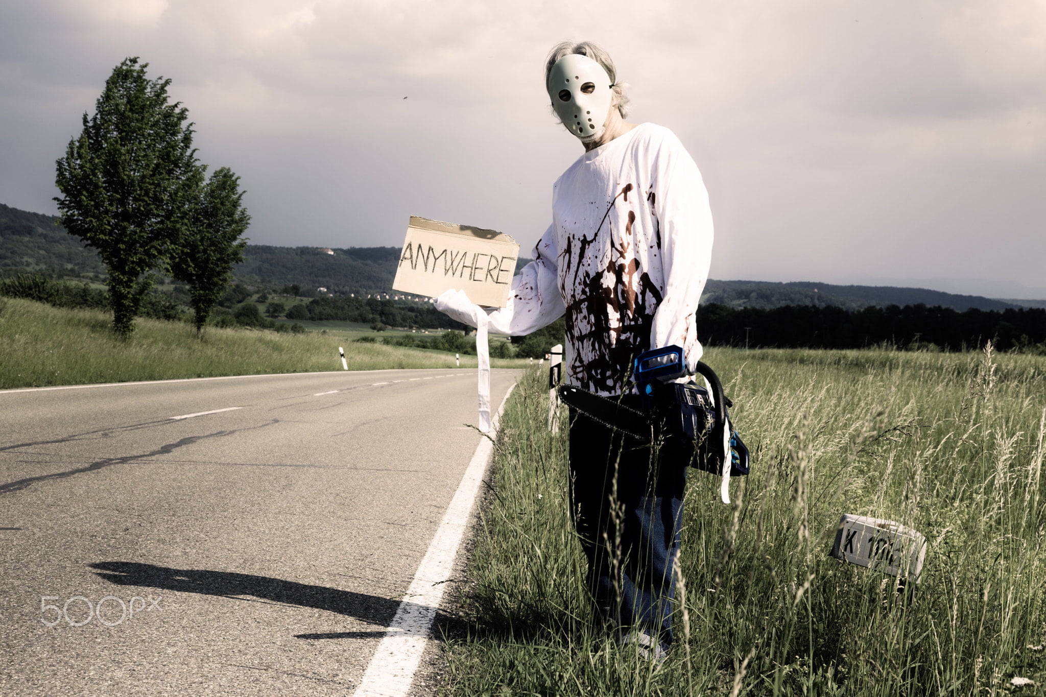 land, full length, cloud - sky, field, blood, sky, 1080P, men, outdoors, road, sign, one person, western script, jason, voorhees, humor, mask, plant, 500px, HD Wallpaper