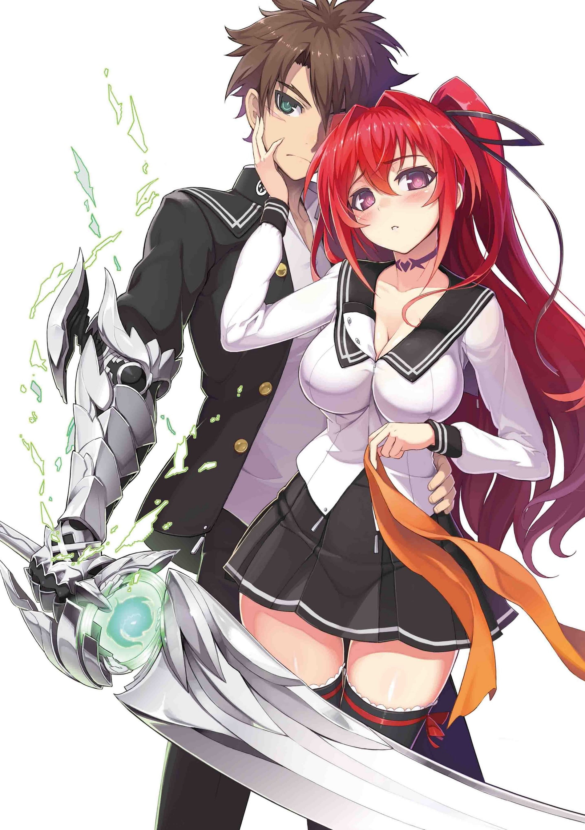 school uniform, blushing, green eyes, redhead, red eyes, Naruse Mio, Shinmai Maou no Testament, Toujo Basara, 2K, sword, manga, Phone HD Wallpaper