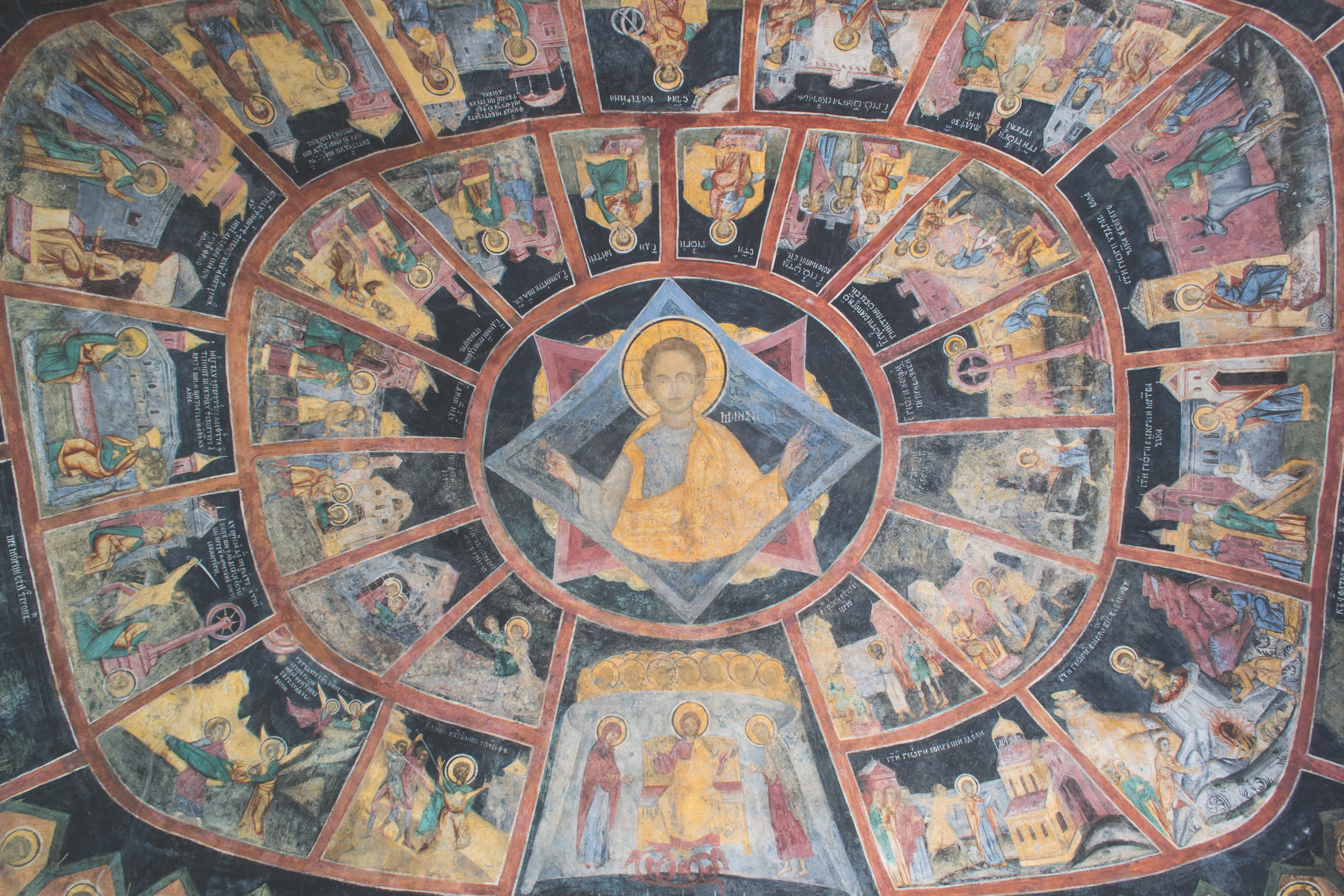 history, ceiling, fresco, travel destinations, cupola, no people, human representation, mural, colorful, the past, belief, built structure, biblical, indoors, HD Wallpaper