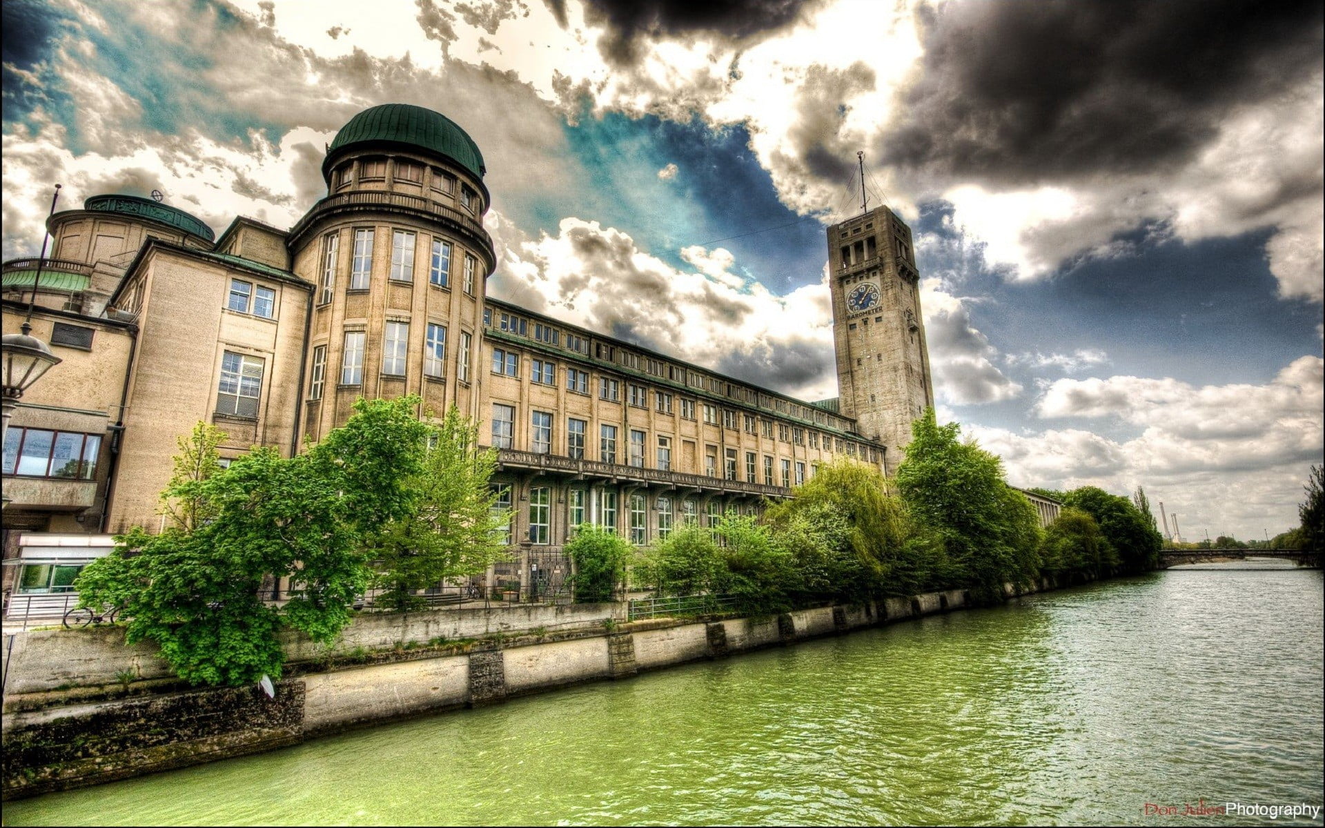 cloud - sky, day, outdoors, green, city, building, lightroom, 1080P, built structure, museum, waterfront, leafed, river, nature, plant, place, HDR, bridge, HD Wallpaper