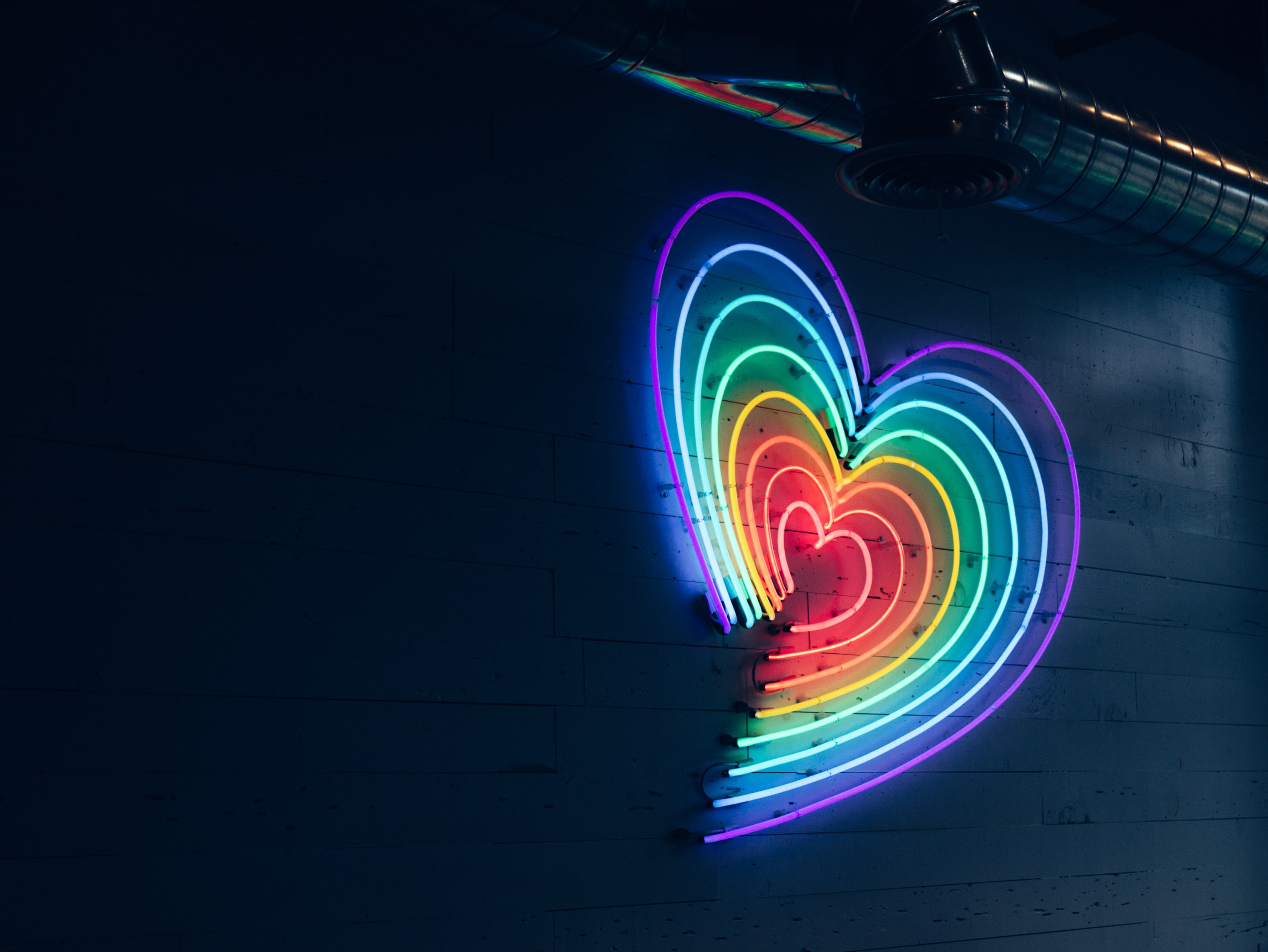 wall, indoors, illuminated, heart, long exposure, spinning, multicolored, copy space, arts culture and entertainment, dark, neon, motion, no people, black background, HD Wallpaper