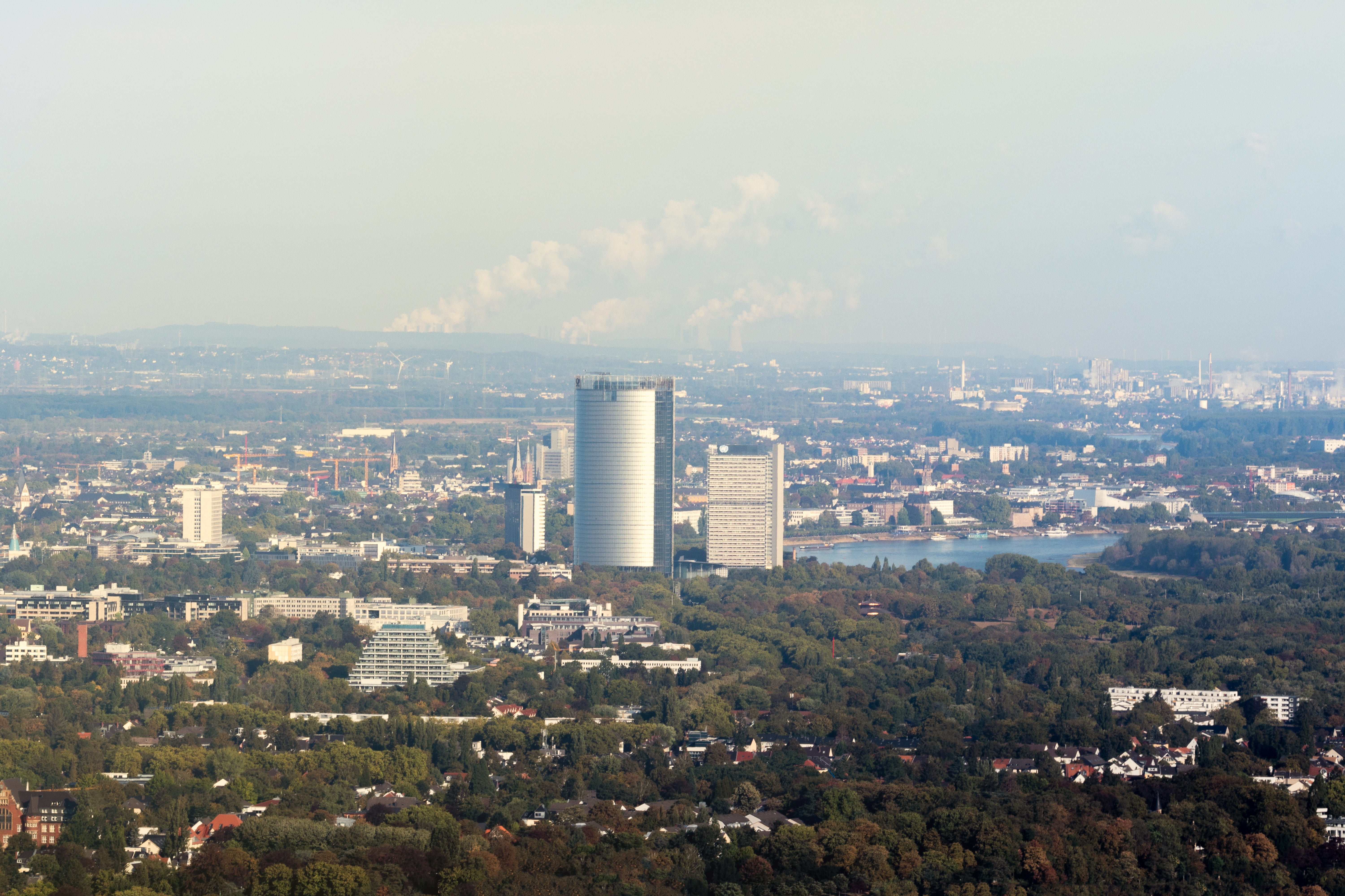 rhine, river landscape, factory, building exterior, shipping, office building exterior, cityscape, deutsche post, built structure, siebengebirge, 5K, city, HD Wallpaper