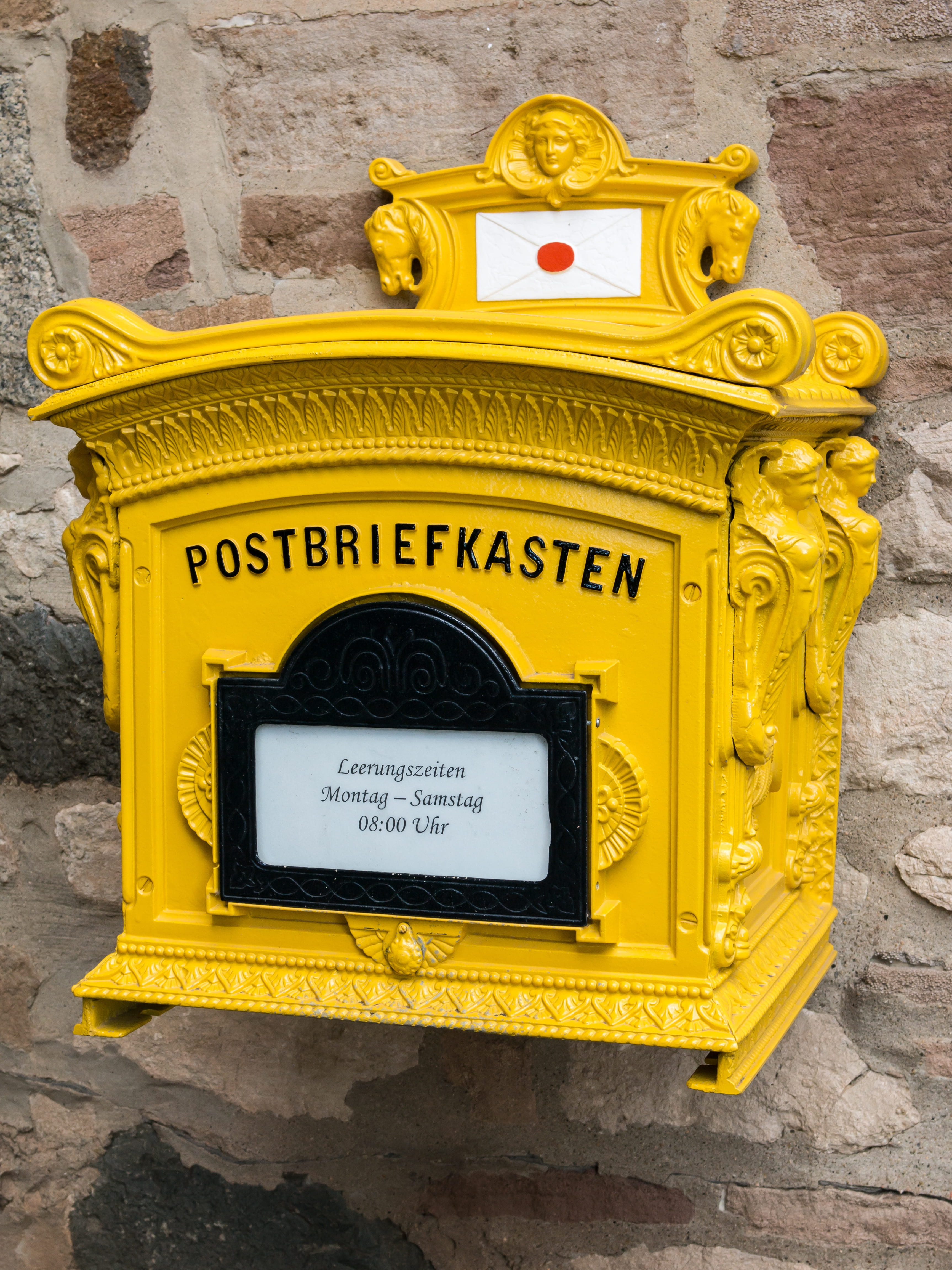 outdoors, post mail box, yellow, text, wall - building feature, letter boxes, letters, post, mail, mailbox, non-western script, history, the past, architecture, Phone HD Wallpaper