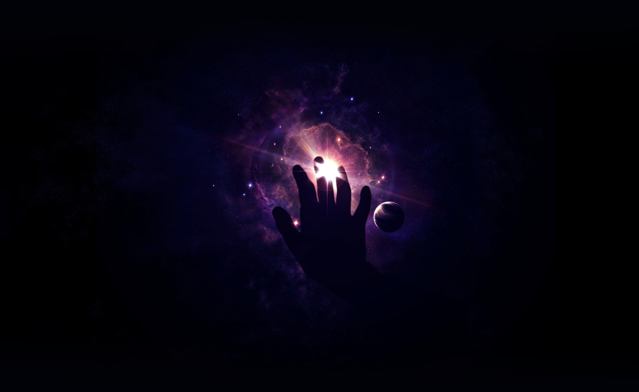 2K, human body part, illuminated, silhouette, luminosity, celebration, spooky, night, Planets, Touch, unrecognizable person, Space, people, finger, Universe, HD Wallpaper