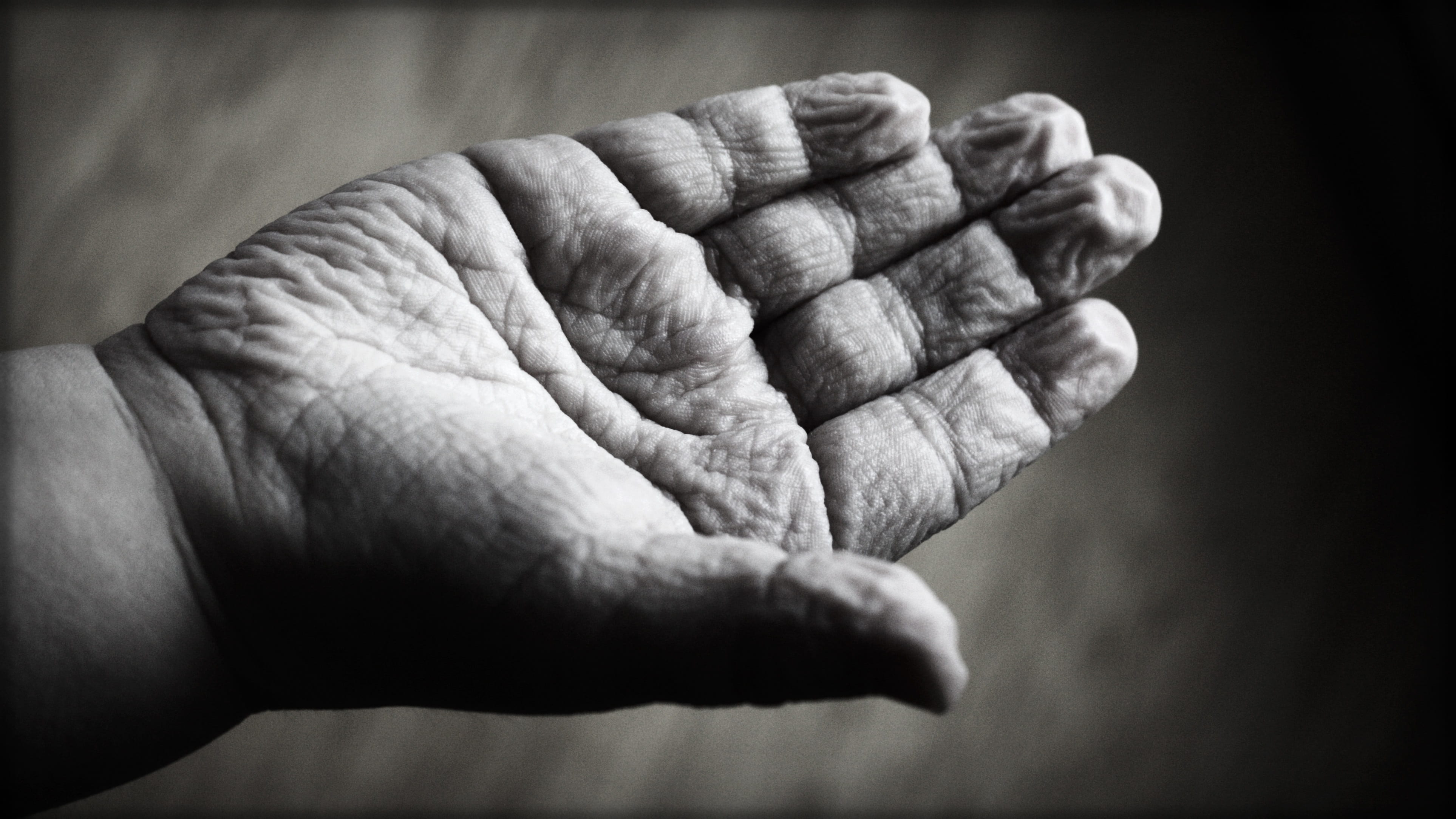 grayscale, spirituality, human, depression - sadness, human hand, aging, right, body part, creasy, black background, hand, wrinkled, close-up, religion, HD Wallpaper