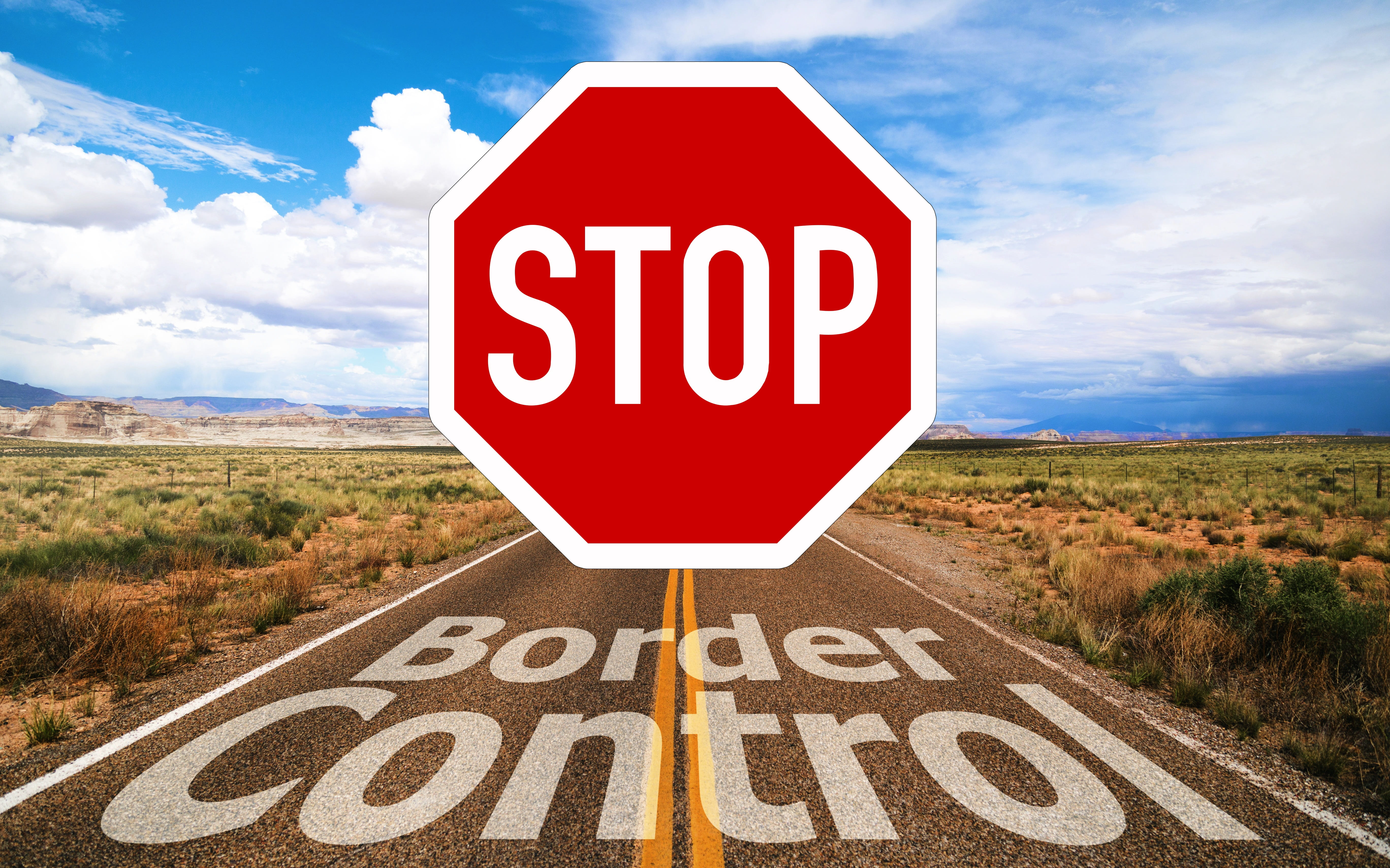 Border Control, information, day, information sign, Stop, 5K, escape, signage, clouds, cloud - Sky, western script, red, road Sign, Road, sign, refugees, HD Wallpaper
