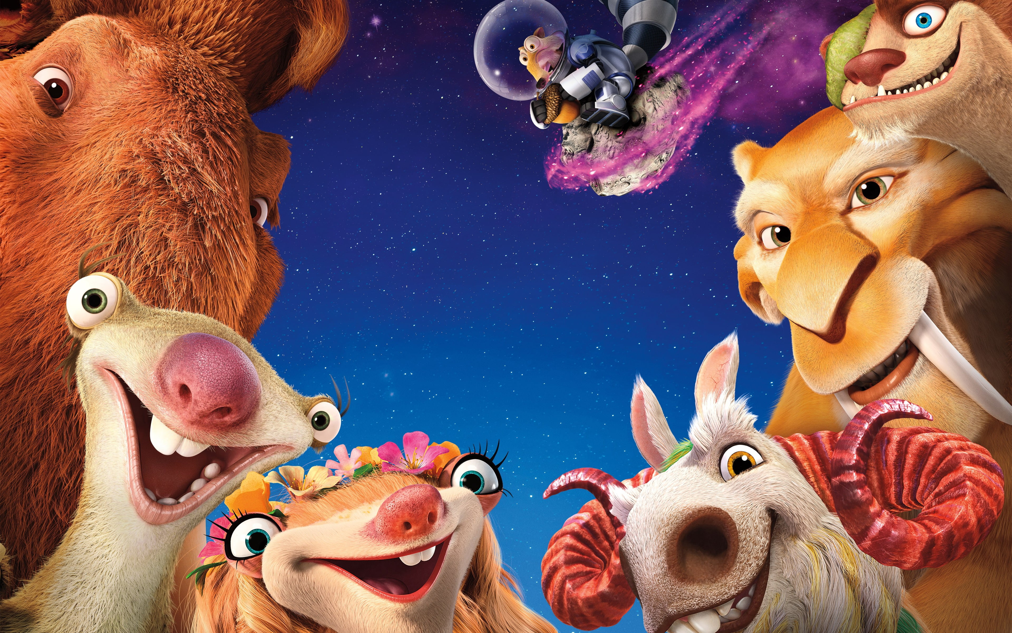 ice age: collision course, charac, group of animals, animal head, livestock, 2016, age, Hollywood Movies, sky, ice, art and craft, animal representation, HD Wallpaper