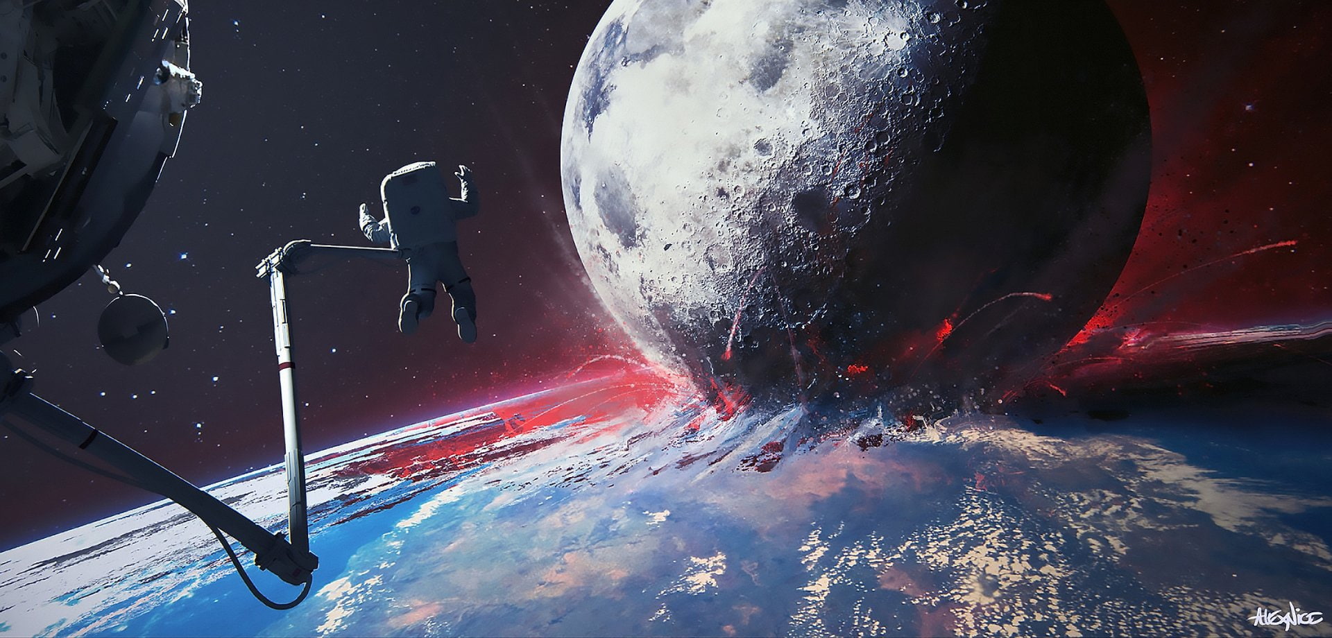Sci Fi, Stars, Astronaut, Earth, 1080P, Collision, Moon, Galaxy, HD Wallpaper