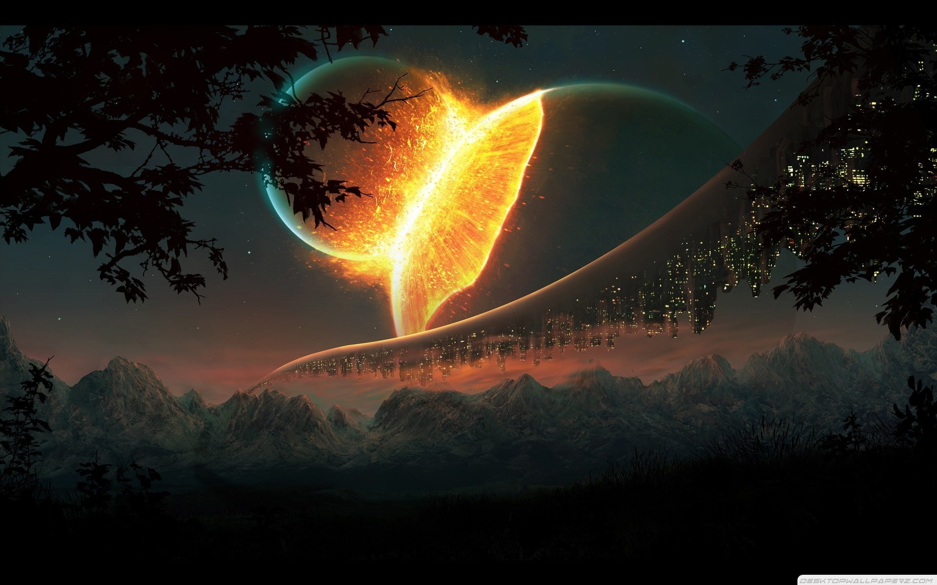 futuristic, 1080P, disaster, planet, digital art, science fiction, space, space art, apocalyptic, futuristic city, collision, Moon, sky, HD Wallpaper