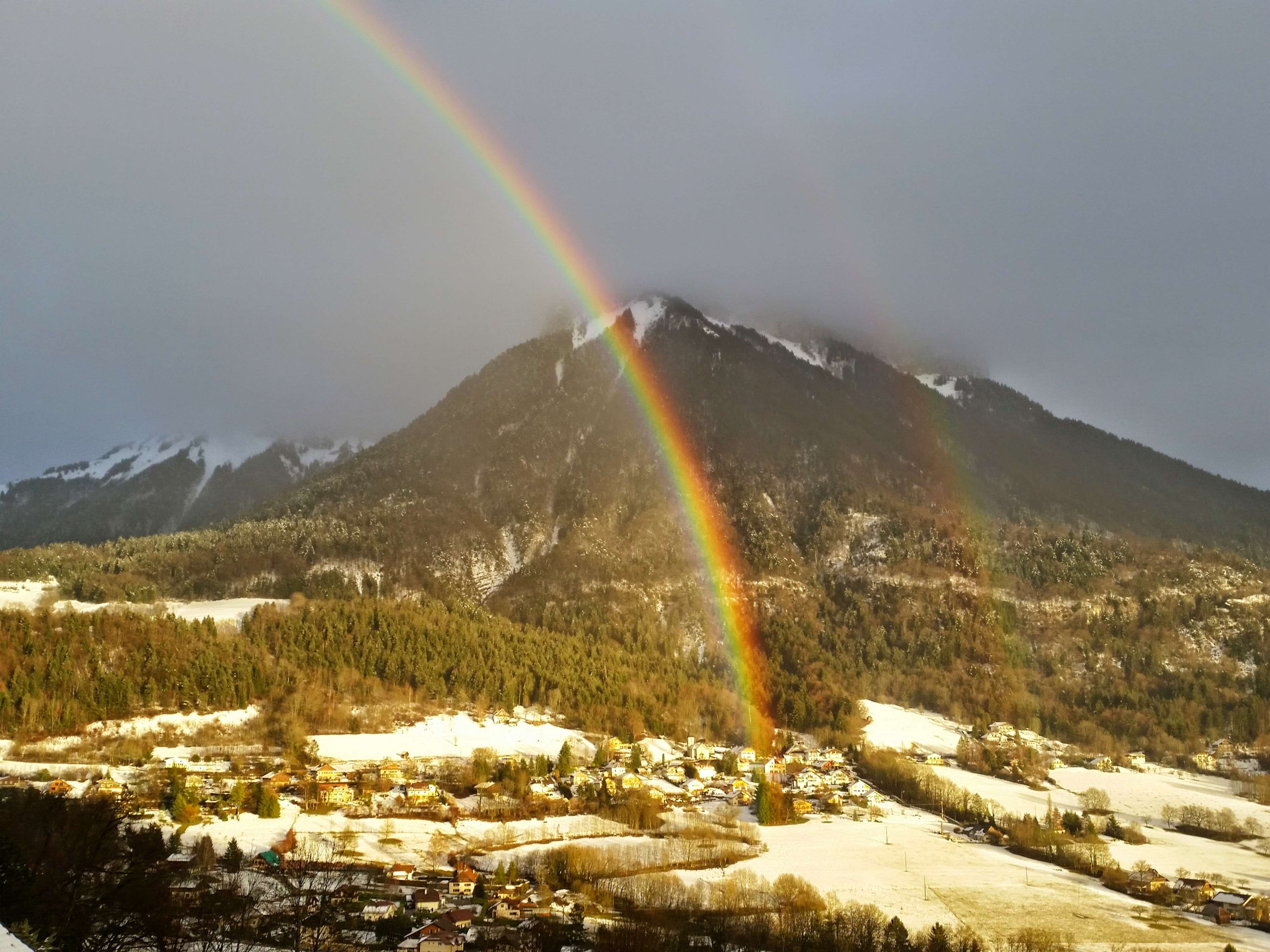 orage, mountain, tranquility, snow, environment, double rainbow, multi colored, no people, arc en ciel, sky, alpes, beauty in nature, snowcapped mountain, HD Wallpaper