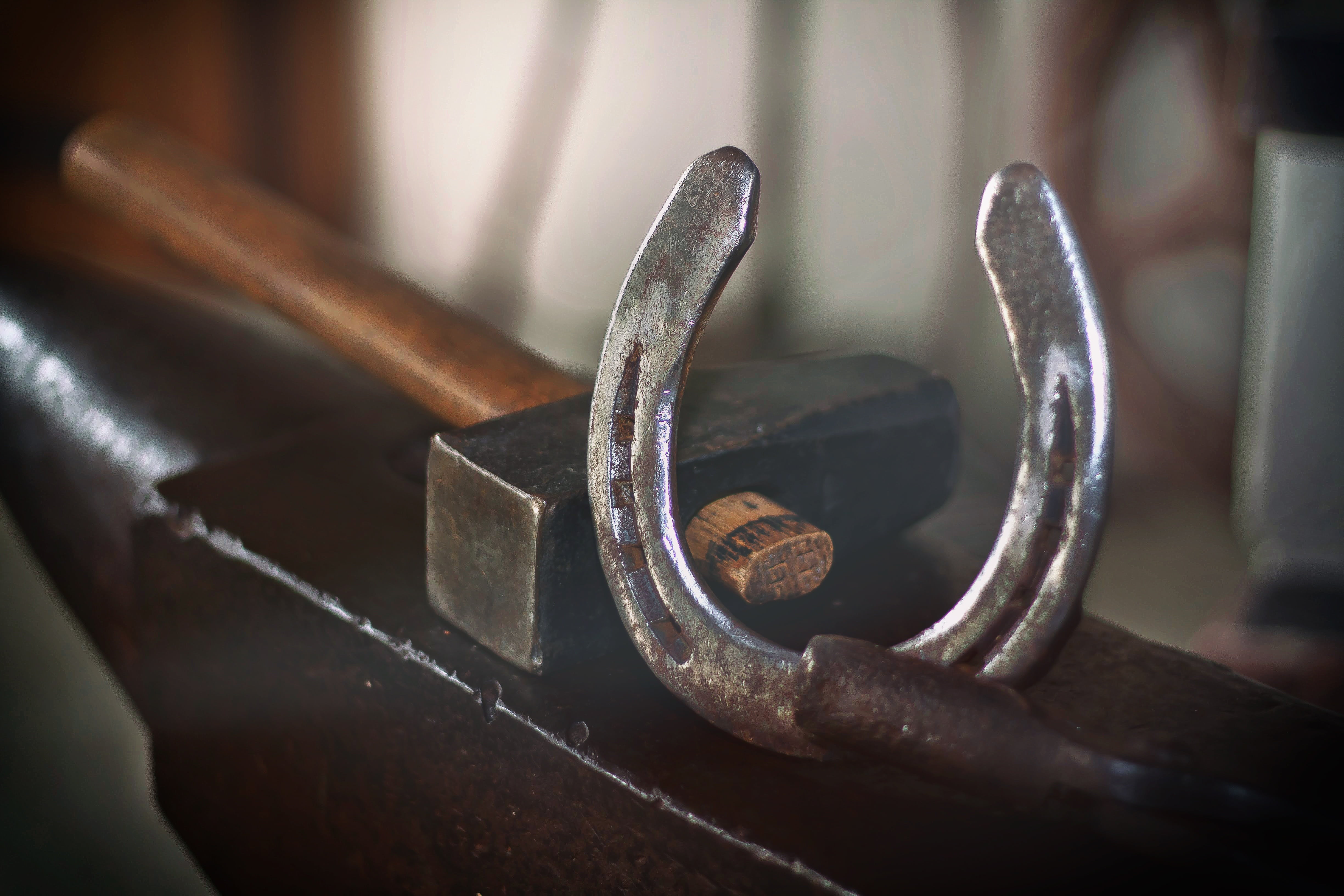 beside, hammer, pliers, lucky charm, on the wall, anvil, mallet, work tool, selective focus, hand tool, rusty, glow, still life, gray, workshop, forge, HD Wallpaper