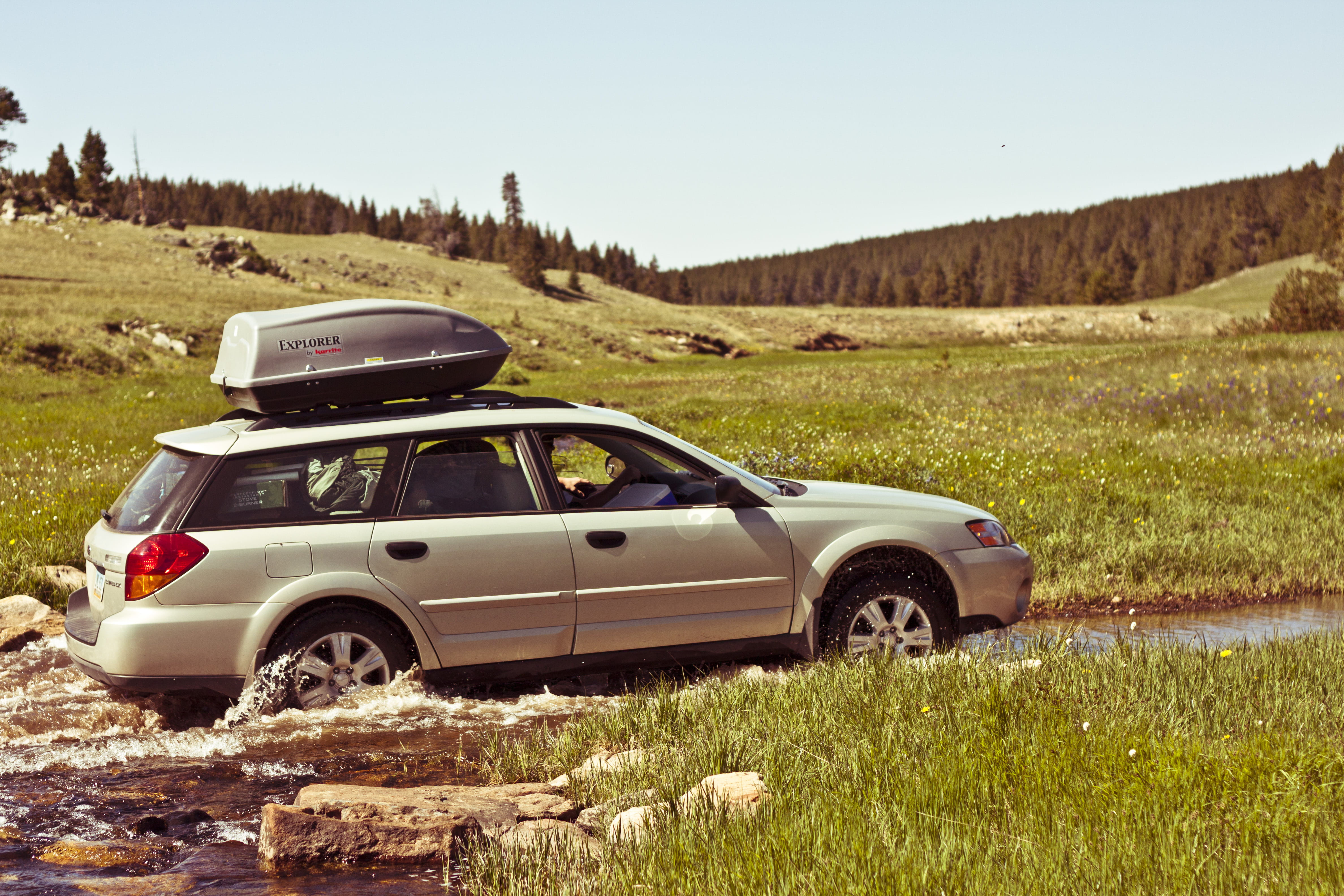 sunlight, car, station wagon, nature, clear sky, automobile, field, driving, dirt Road, trees, road, transportation, camping, daytime, outdoors, grass, HD Wallpaper