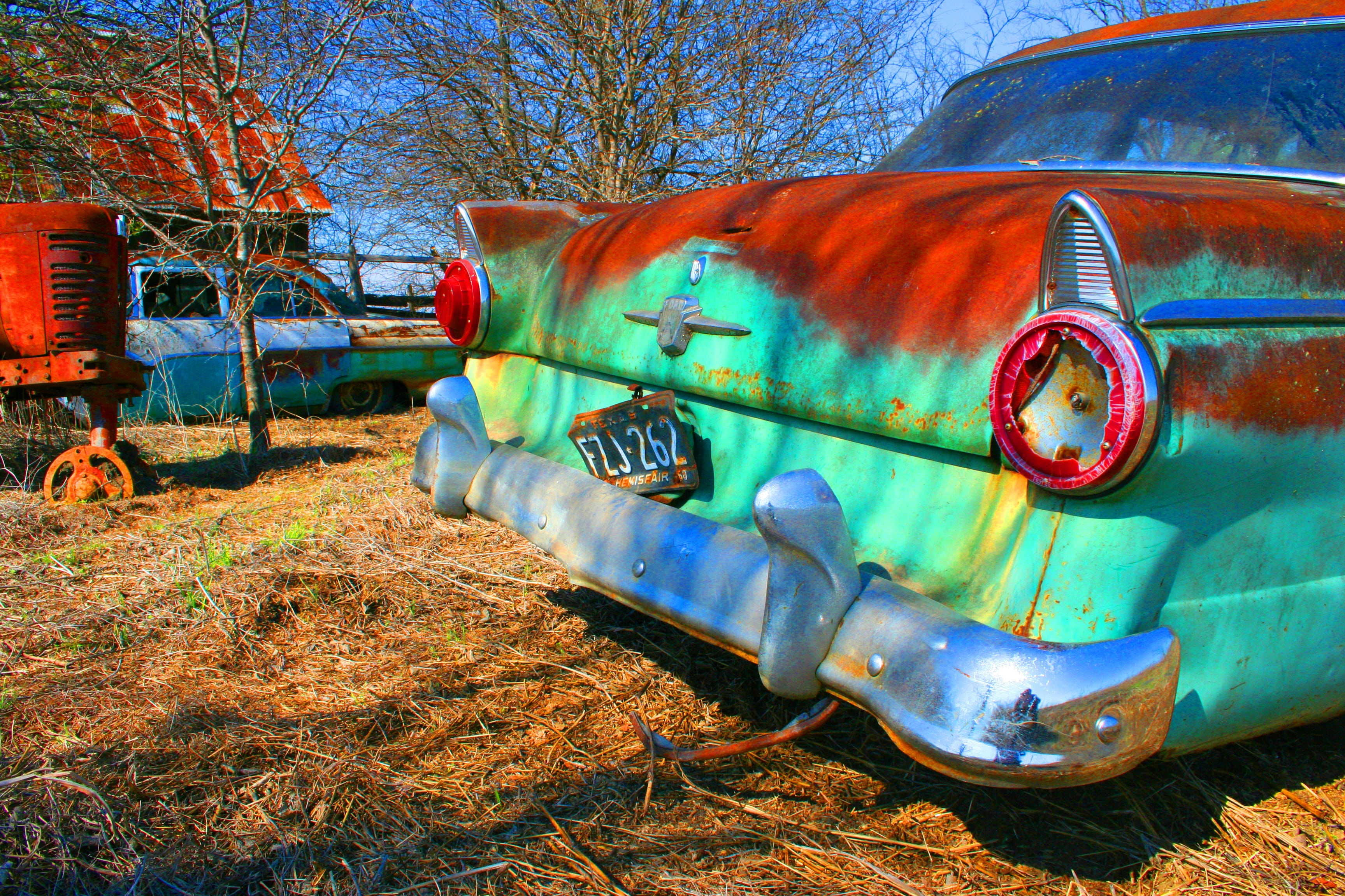 rust, metal, transportation, cracked, vivid, abandoned, no people, outdoors, obsolete, motor vehicle, rusted, retro, stationary, land, teal, damaged, plant, HD Wallpaper
