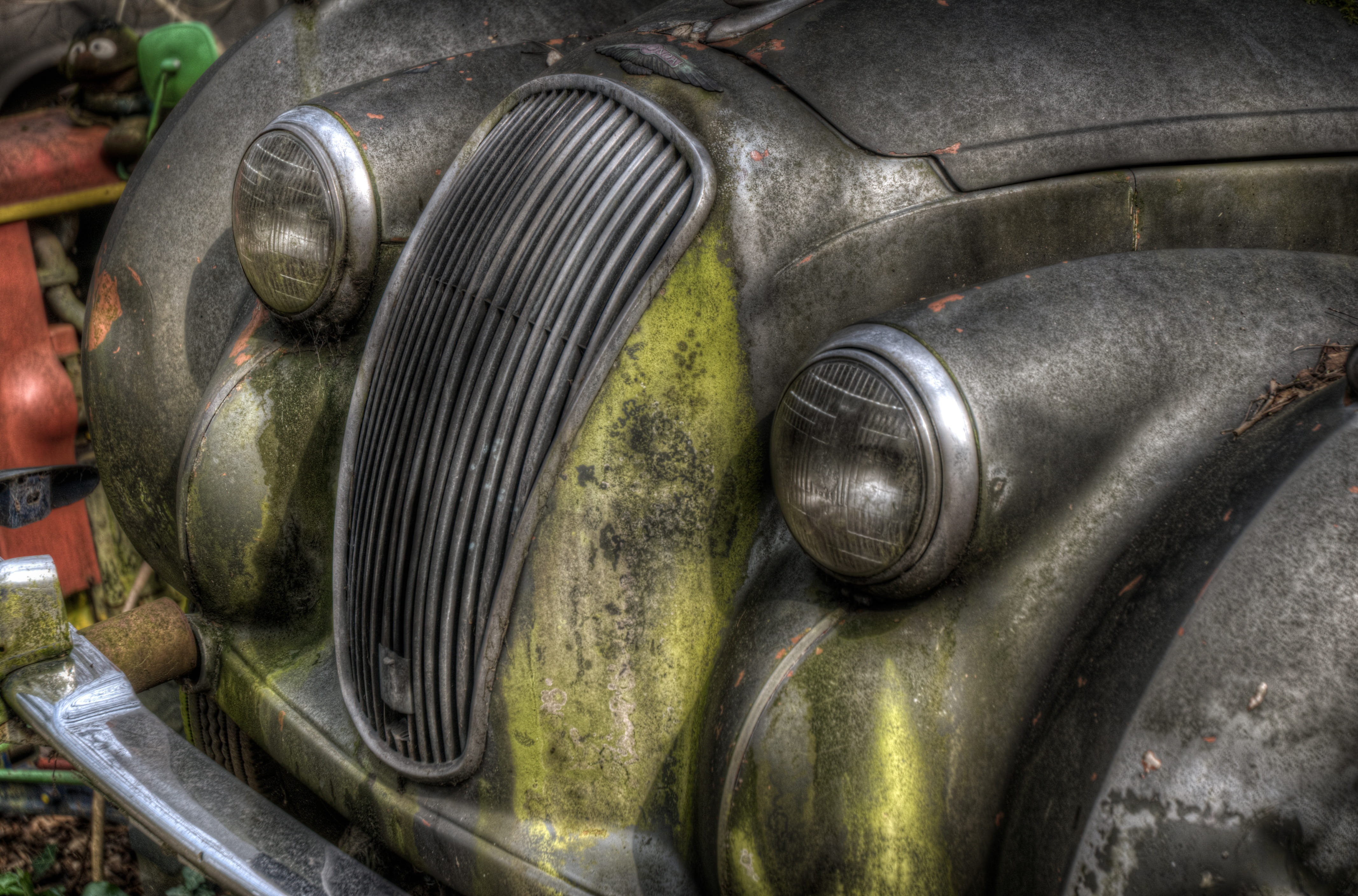 vehicle, wheel, mode of transportation, transport, close-up, metal, auto, wreck, abandoned, headlight, shiny, silver colored, old, the past, lost, classic, HD Wallpaper