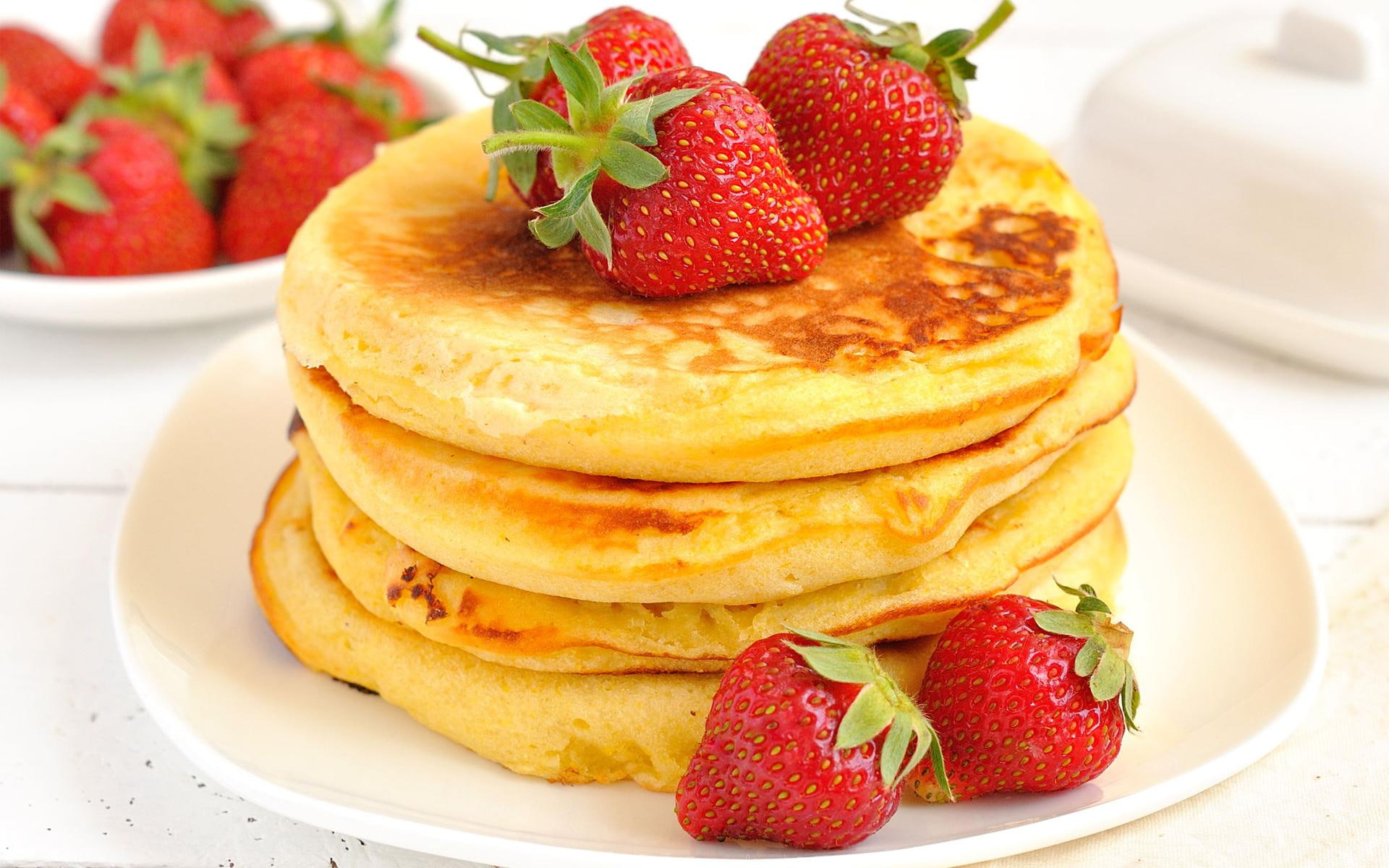 food, pancakes, 1080P, 3d and abstract, fruits, strawberries, sweets, HD Wallpaper