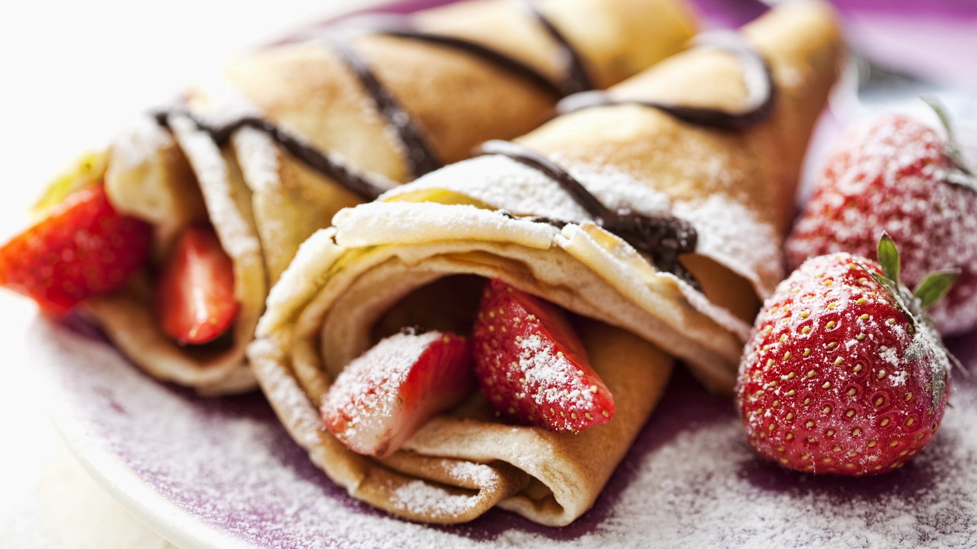 chocolate, sugar, blurred, strawberries, closeup, food, 1080P, dessert, pancakes, HD Wallpaper