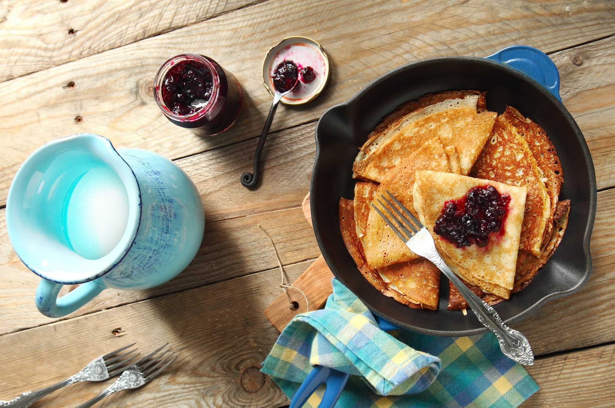 kitchen utensil, no people, still life, ready-to-eat, high angle view, breakfast, food, marmalade, pancakes, table, Skillet, container, eating utensil, HD Wallpaper