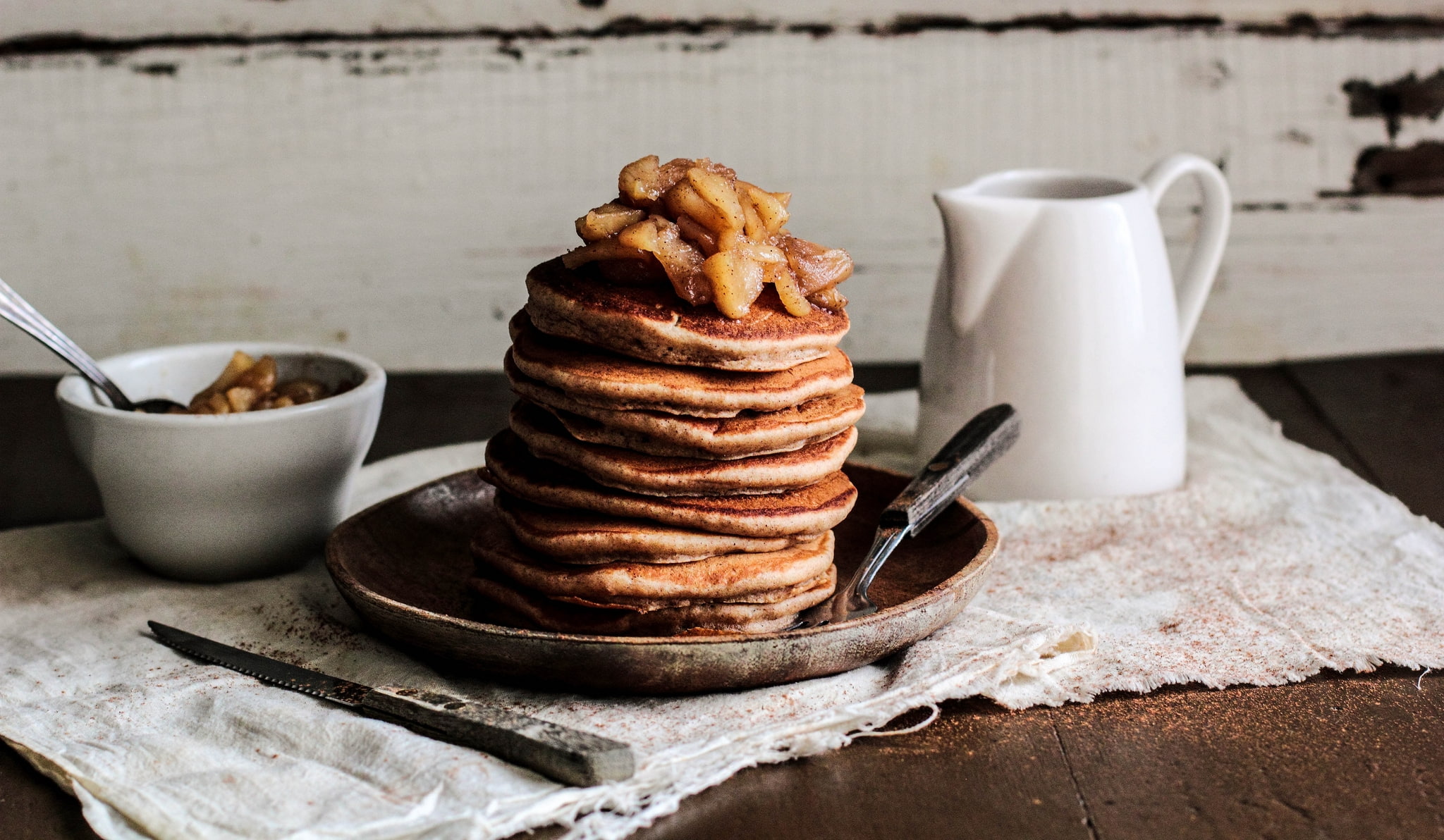 no people, freshness, homemade, rustic, pancakes, close-up, cinnamon, stack, sweet food, drink, comfort food, tray, still life, baked, cup, apples, table, HD Wallpaper