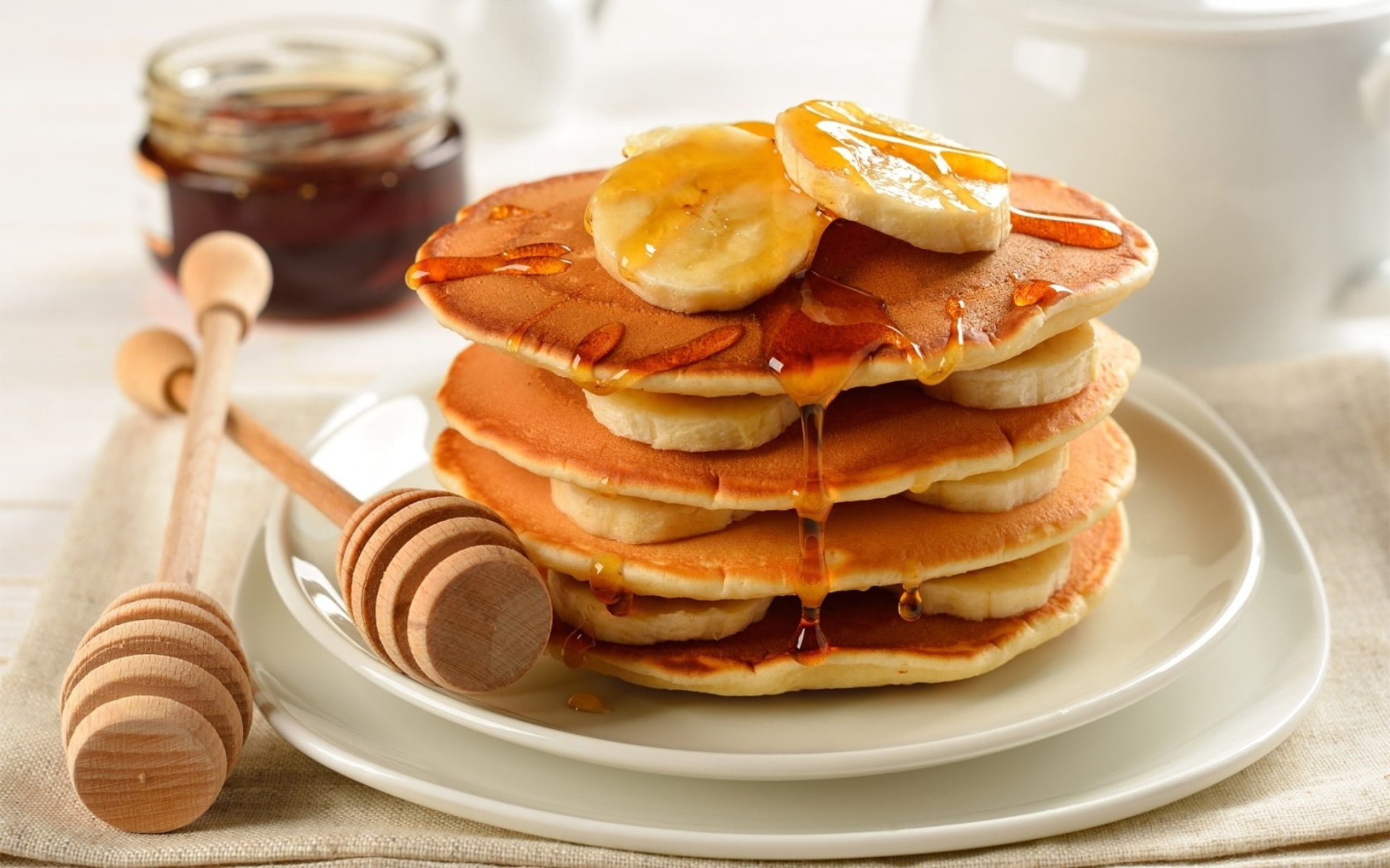 sandwich, wellbeing, 1080P, morning, homemade, honey, temptation, baked, plate, bananas, sweet Food, pancake, dessert, healthy eating, cup, brown, stack, HD Wallpaper