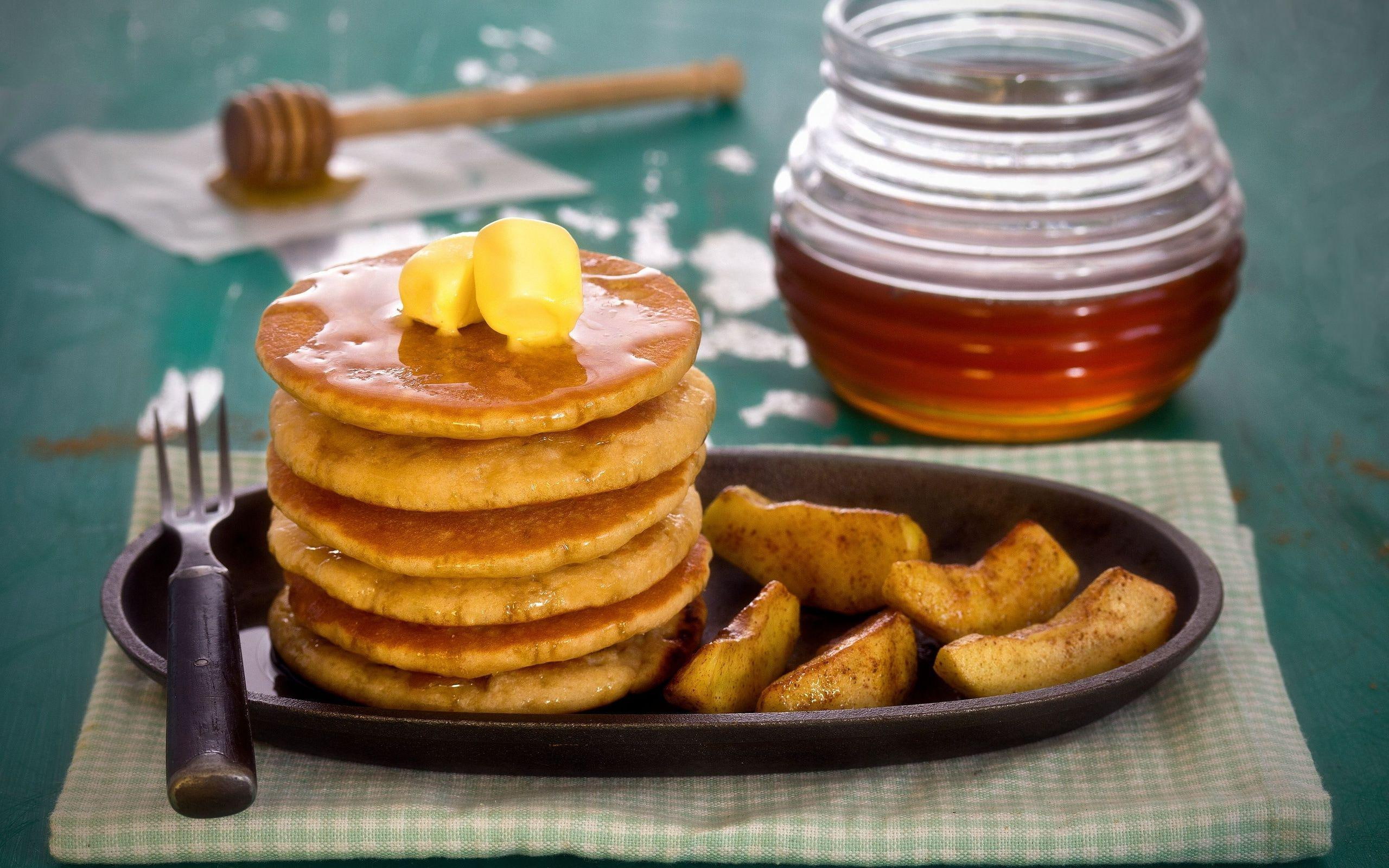 cheese, honey, photography, apple, apples, butter, pancakes, 2560x1600, 2K, pancake, HD Wallpaper